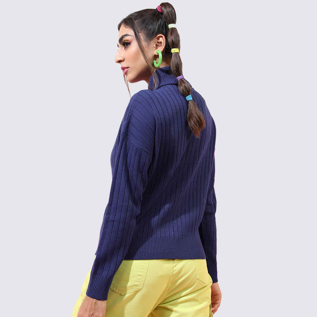 Tokyo Talkies Women's Self Design High Neck Sweater | Dark Blue - M