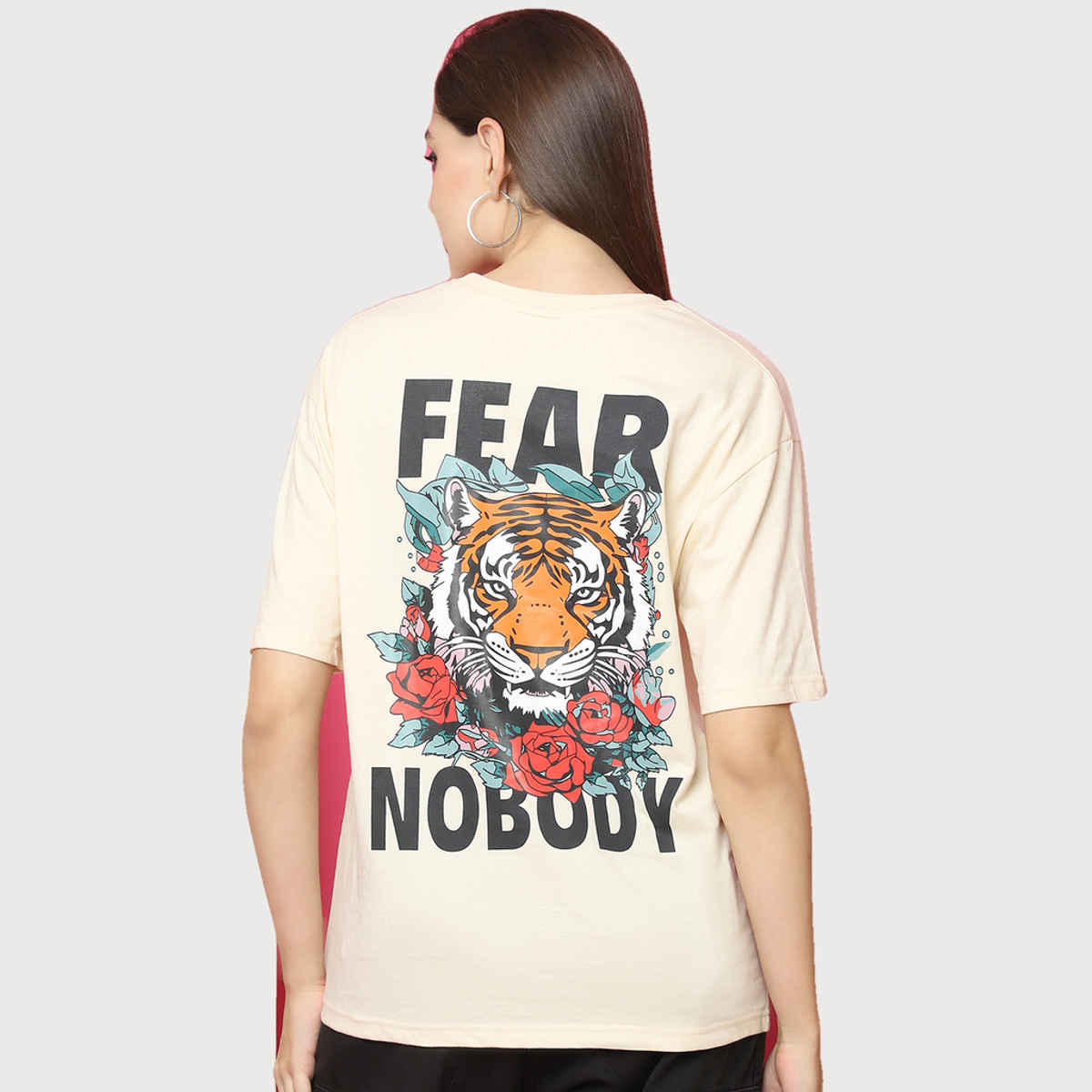 Fabflee Women Oversize Cotton Printed Round Neck Tshirt | Beige | FAB-OS-526 | M