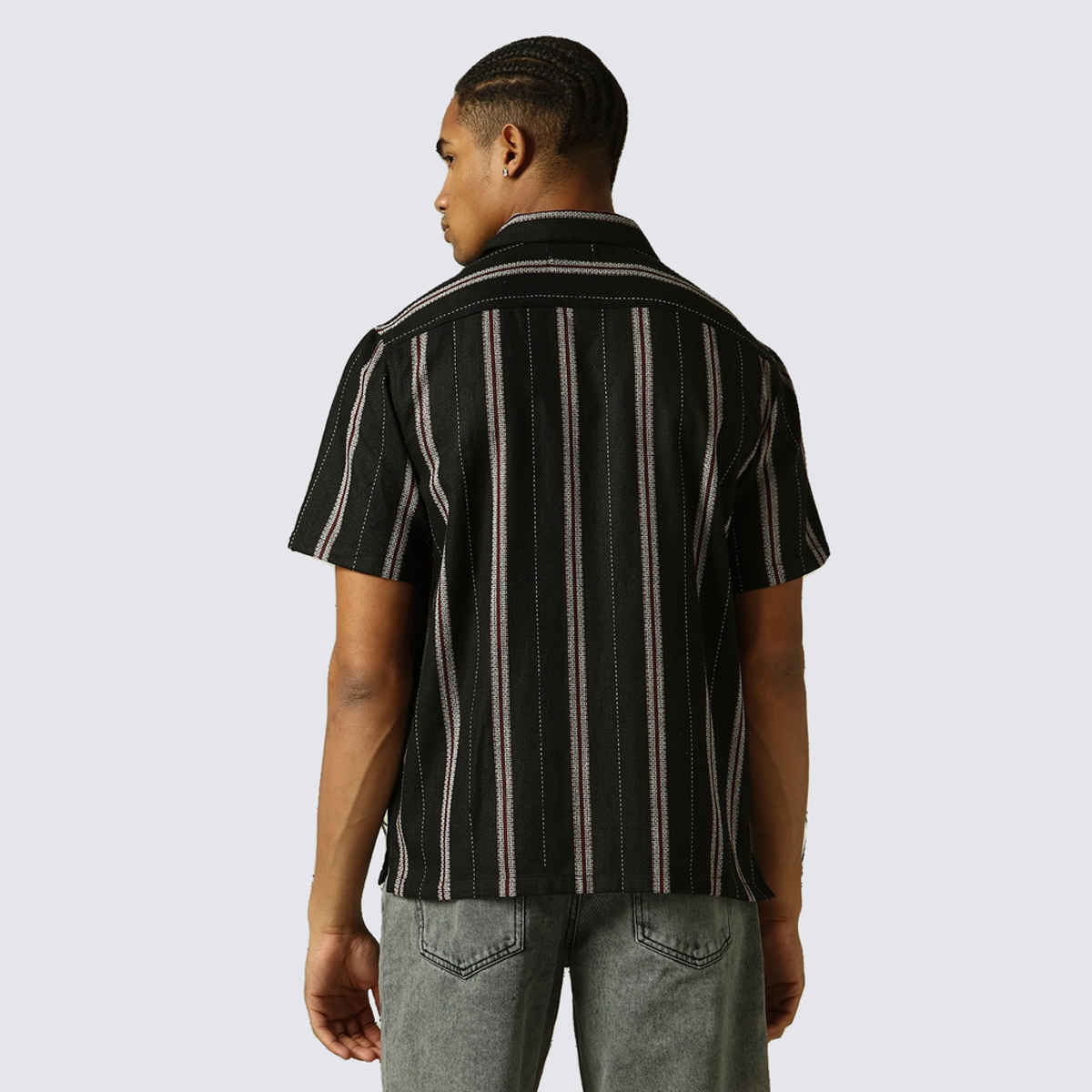 Hubberholme Men's Spread Collar Vertical Striped Cotton Oversized Textured Shirt | Black - 44