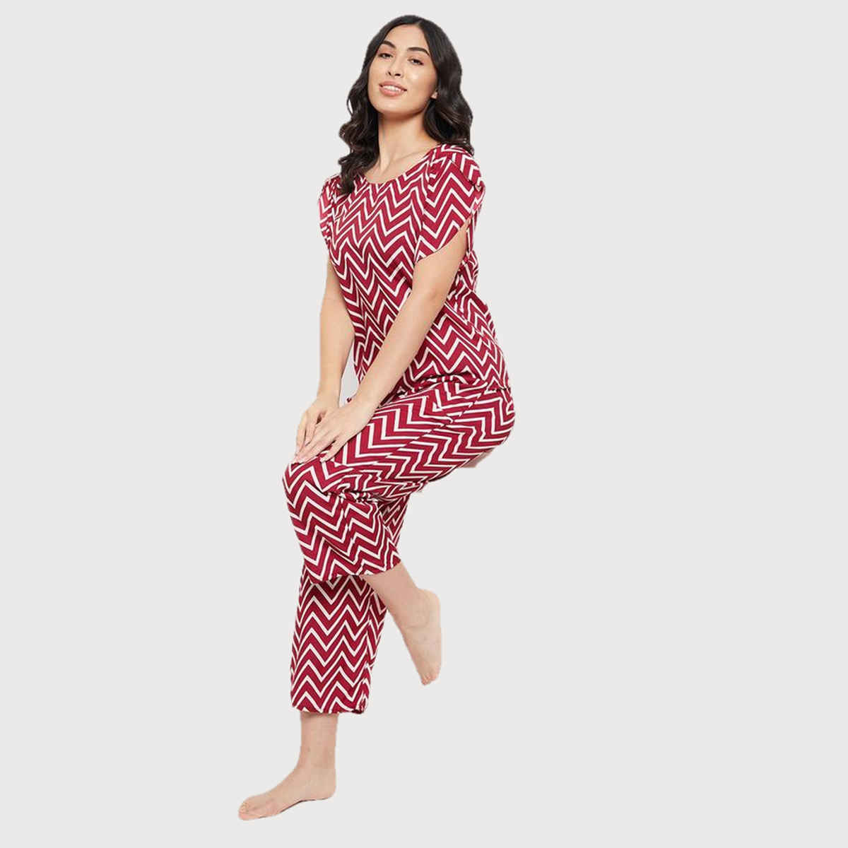 Clovia Women's Chevron Print Rayon Top & PyjamaNightwear Set | LS0534D04 | Red | M