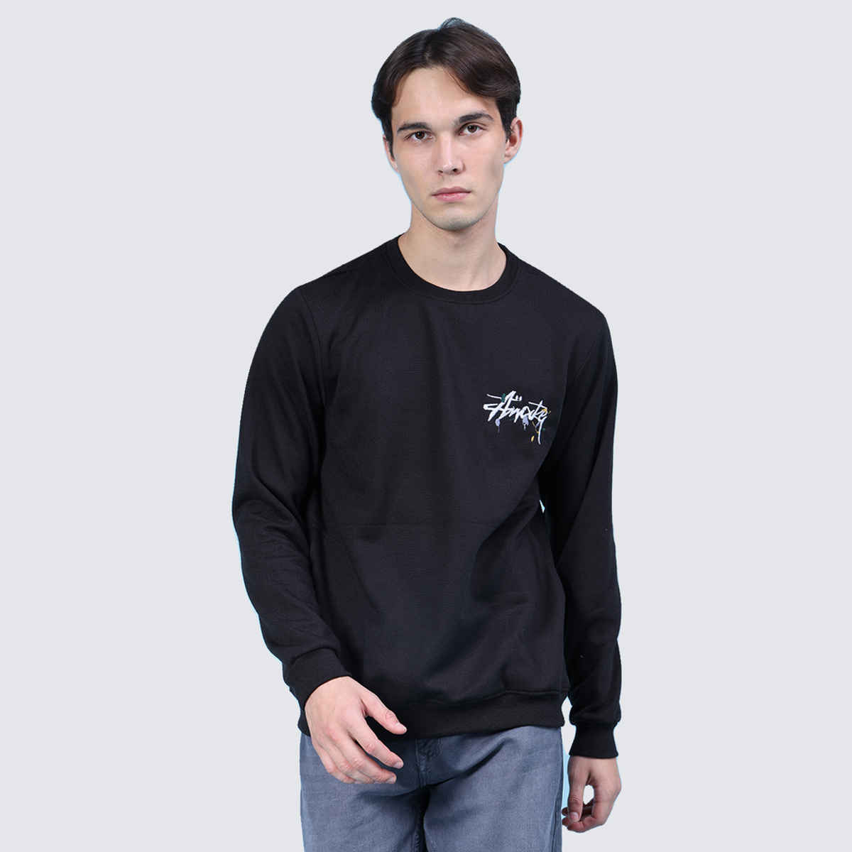 V-Mart Men's Printed Fleece Round Neck Sweatshirt | Black - L