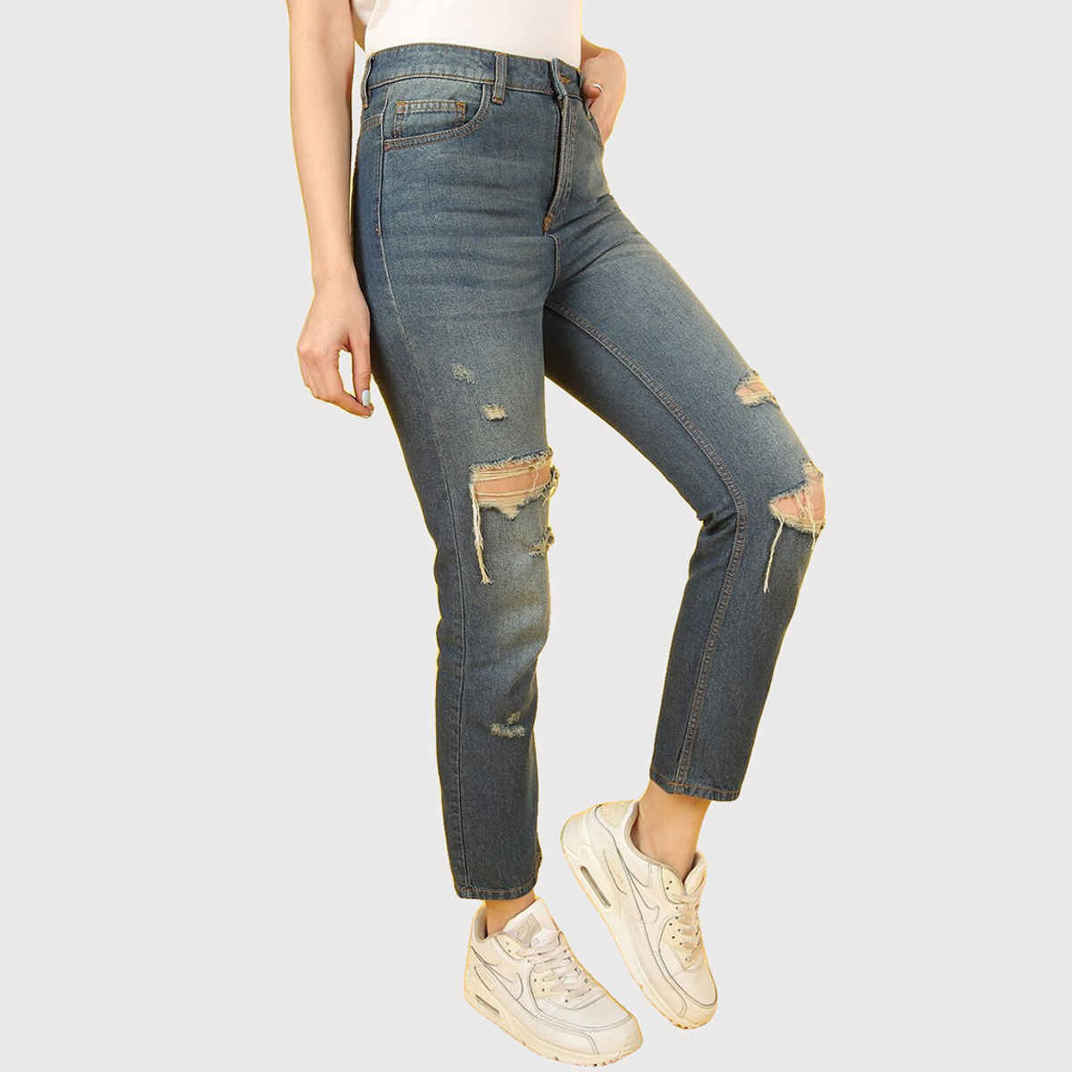 Freehand Women's Distress Straight Fit Jeans | Blue - 28