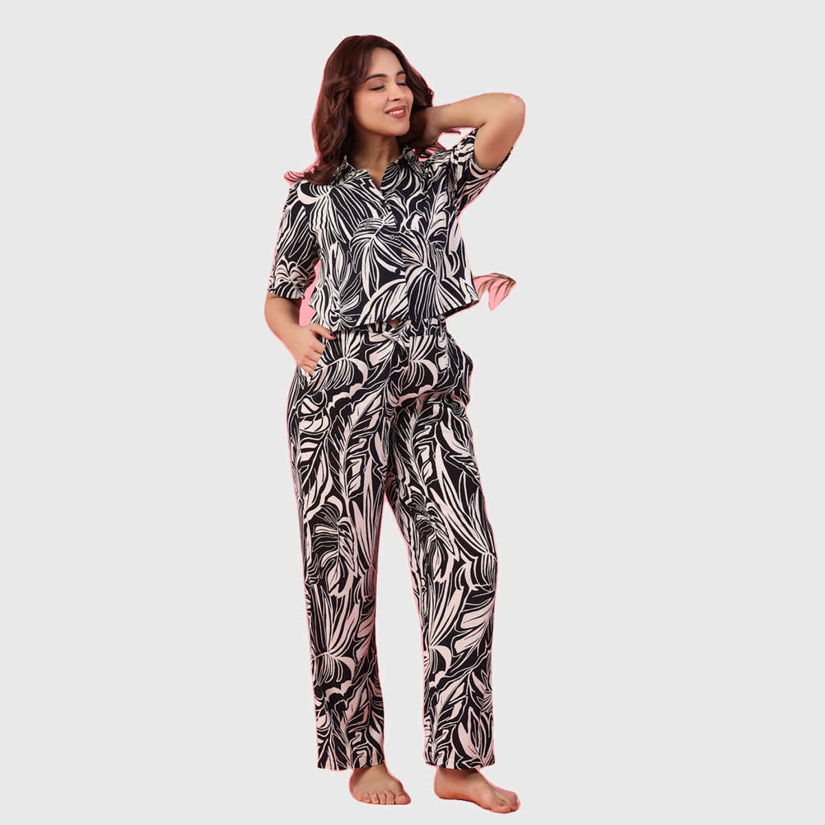 Sanskrutihomes Floral Printed Night Suit | Black - White | XL