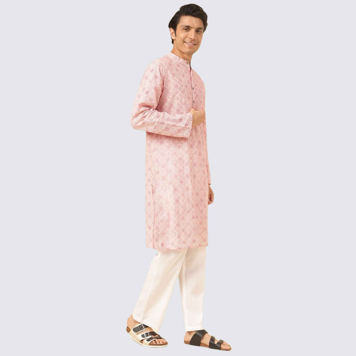 Fabindia Men's Long Kurta Hand Block Printed | Pink - M
