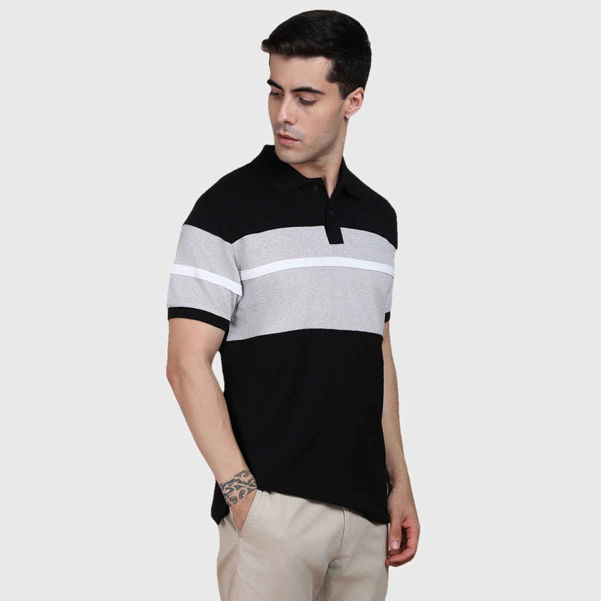Dennis Lingo Men'striped Polo Collar Pure Cotton T-shirt | Black | L