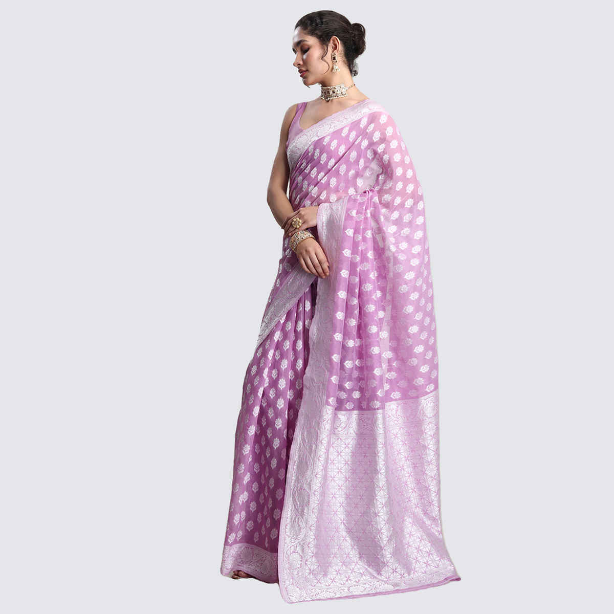 Janasya Women's Silk Blend Floral Woven Design Jacquard Saree with Blouse Piece | SAR631 | Lavender