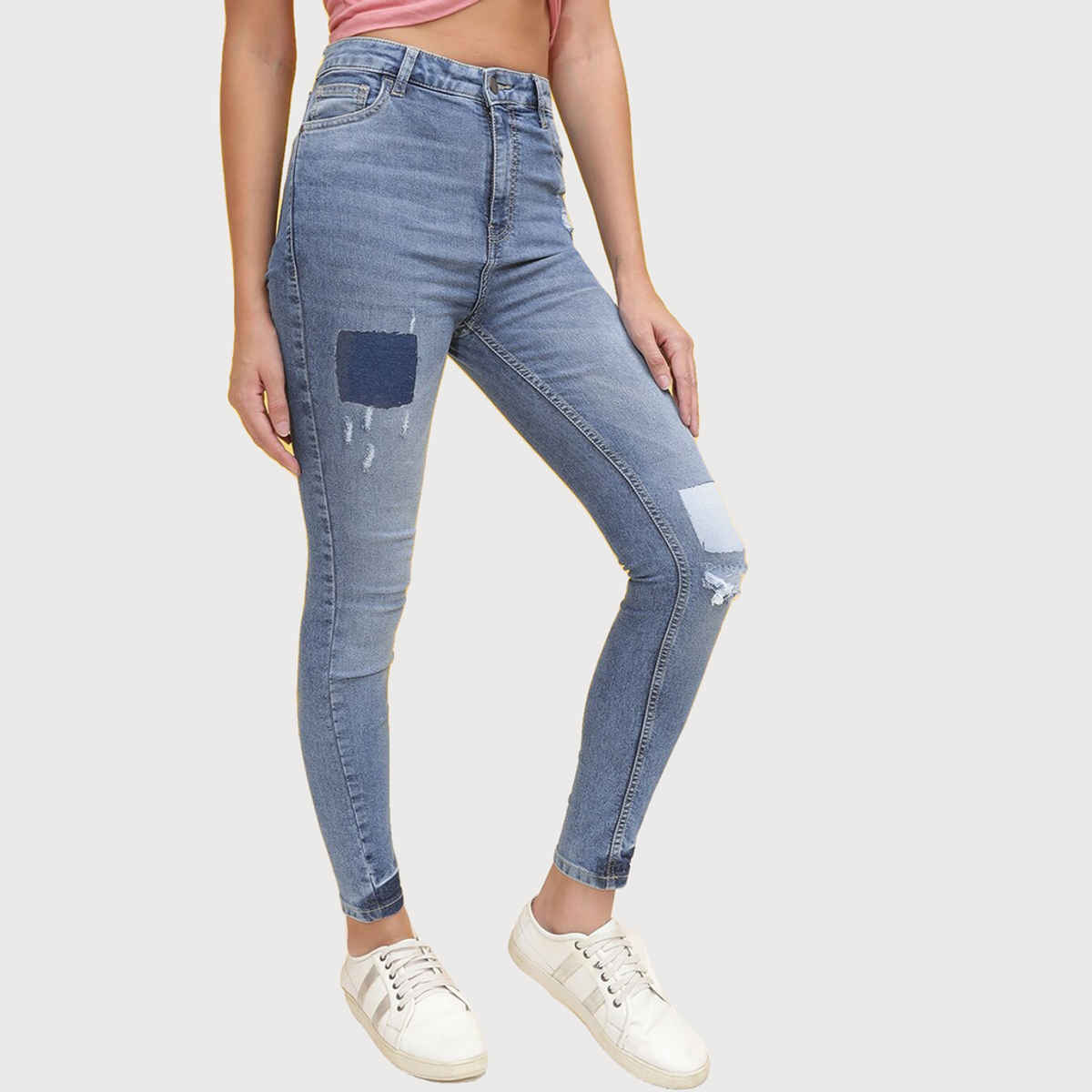 Freehand Women's Slim Fit Jeans With Colour Block Patch | Blue - 28