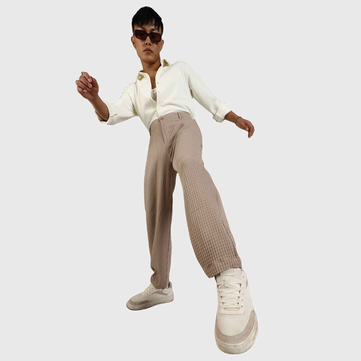 Campus Sutra Men's Textured Graph Check Trousers | Beige - 32