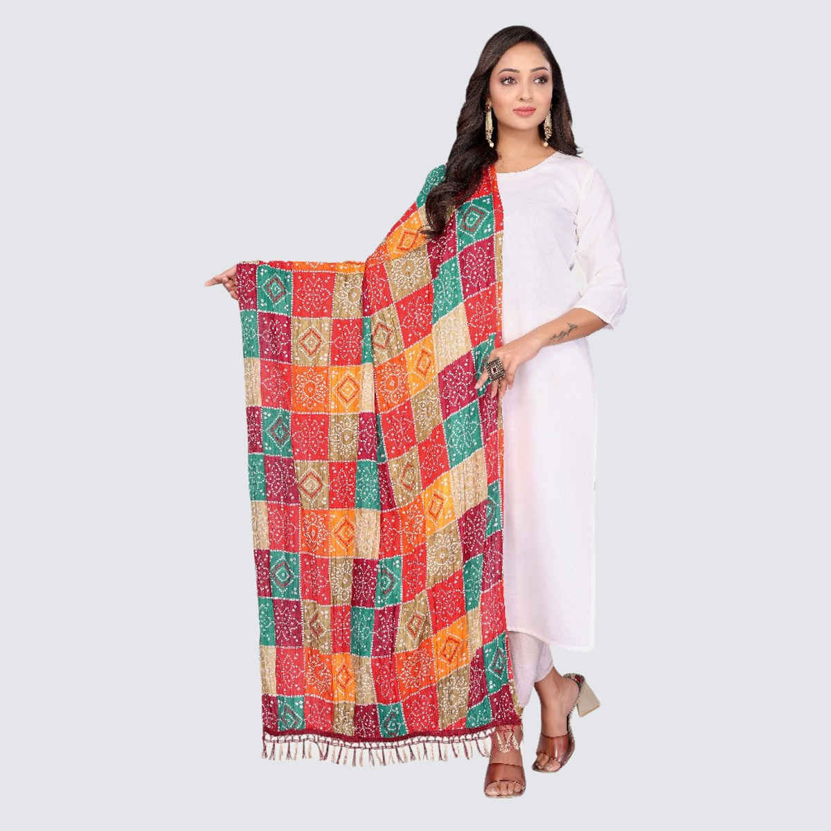 Fabflick Chinon Crush Printed Multicolor Tassel Embellished Women's Dupatta | CHNCR-001