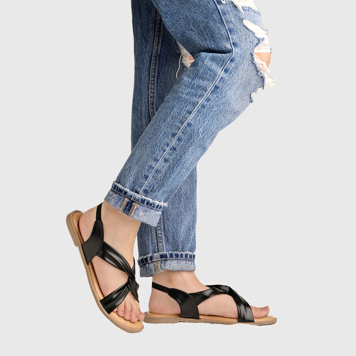 Shoetopia Cross Strap Black Flat Sandals For Women | UK 6