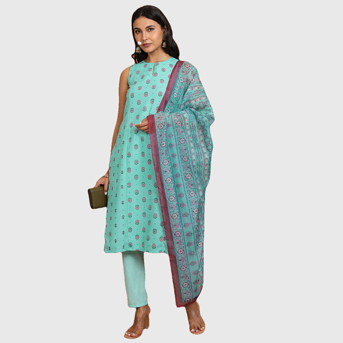 KETCH Women's Ethnic Motifs Printed Straight Kurta, Pyjamas with Dupatta | Aqua - S