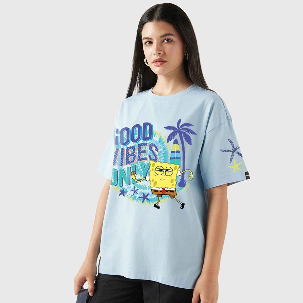 Bewakoof Women's Official SpongeBob Sponge Bob Graphic Printed Oversized T-shirt | Sky Blue - S