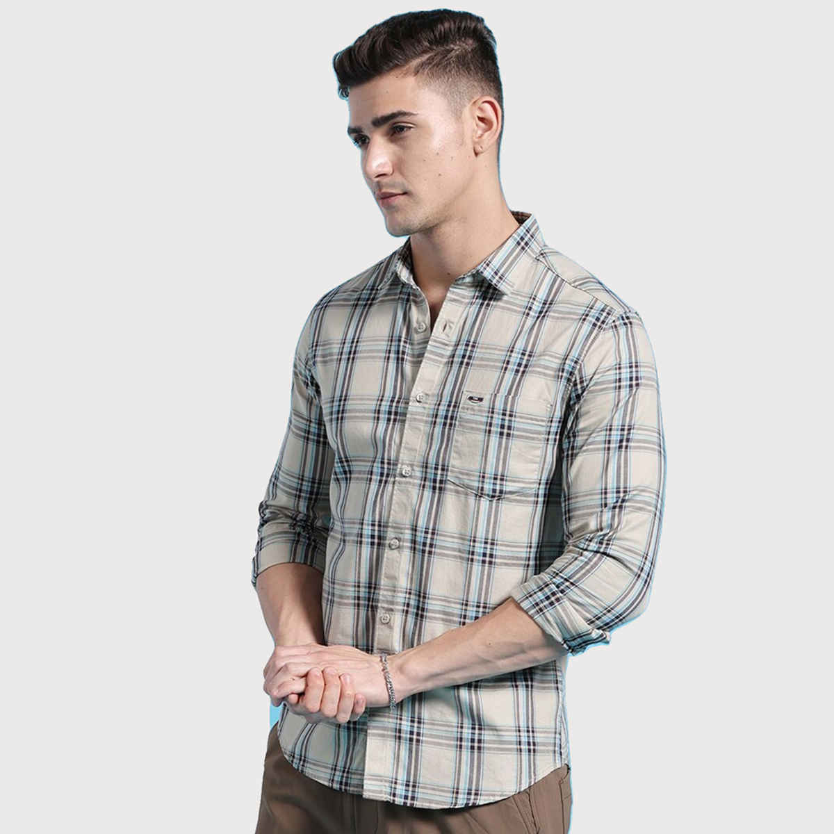 The Indian Garage Co Men's Slim Fit Checkered Casual Shirt | Khaki - L