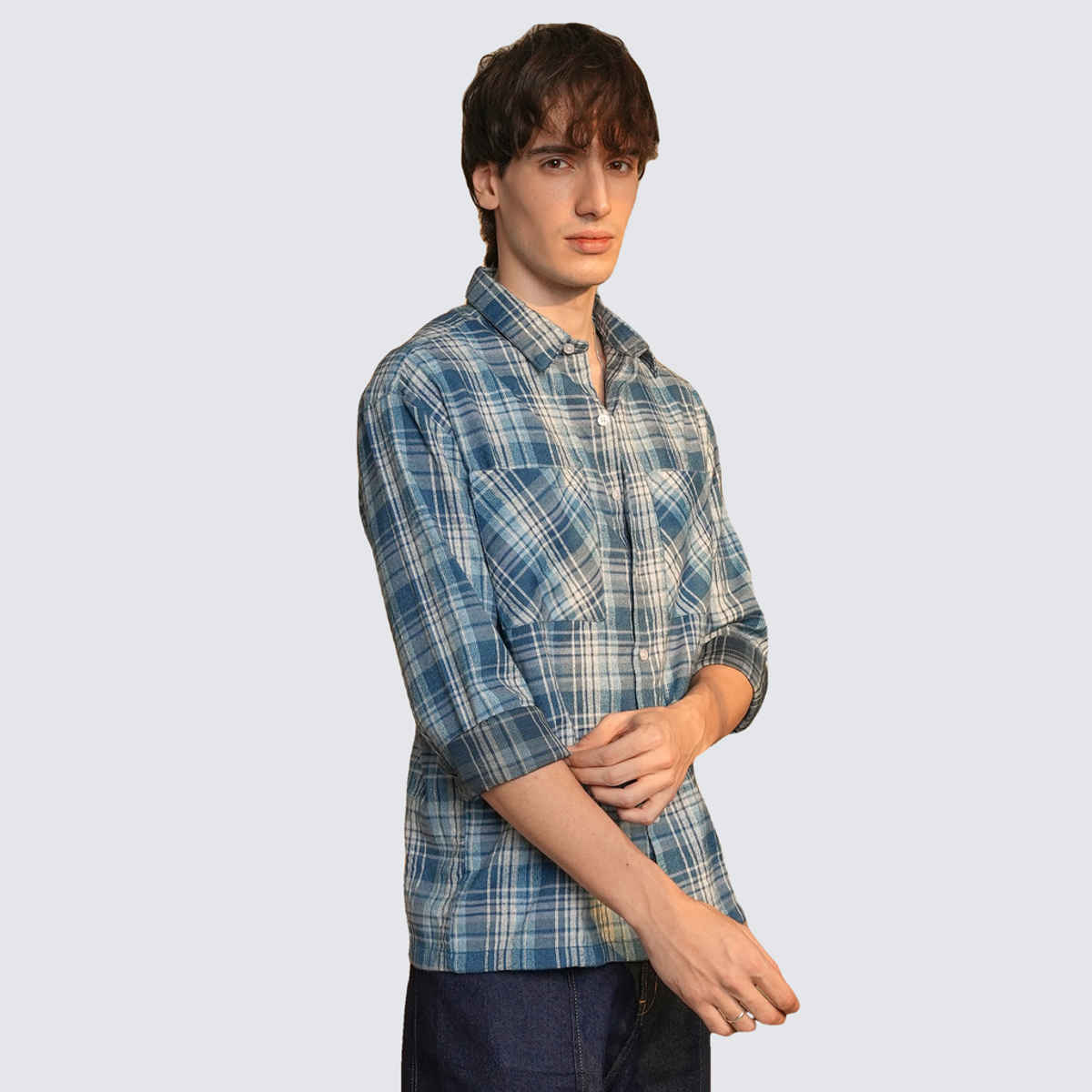 Campus Sutra Men's Tartan Plaid Shirt | Steel Blue - L