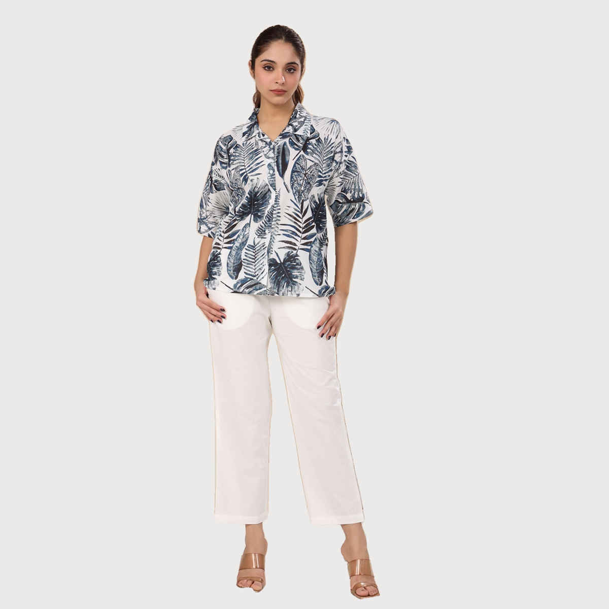 Sanskrutihomes Floral Printed Pure Cotton Night Suit | Blue - White | L