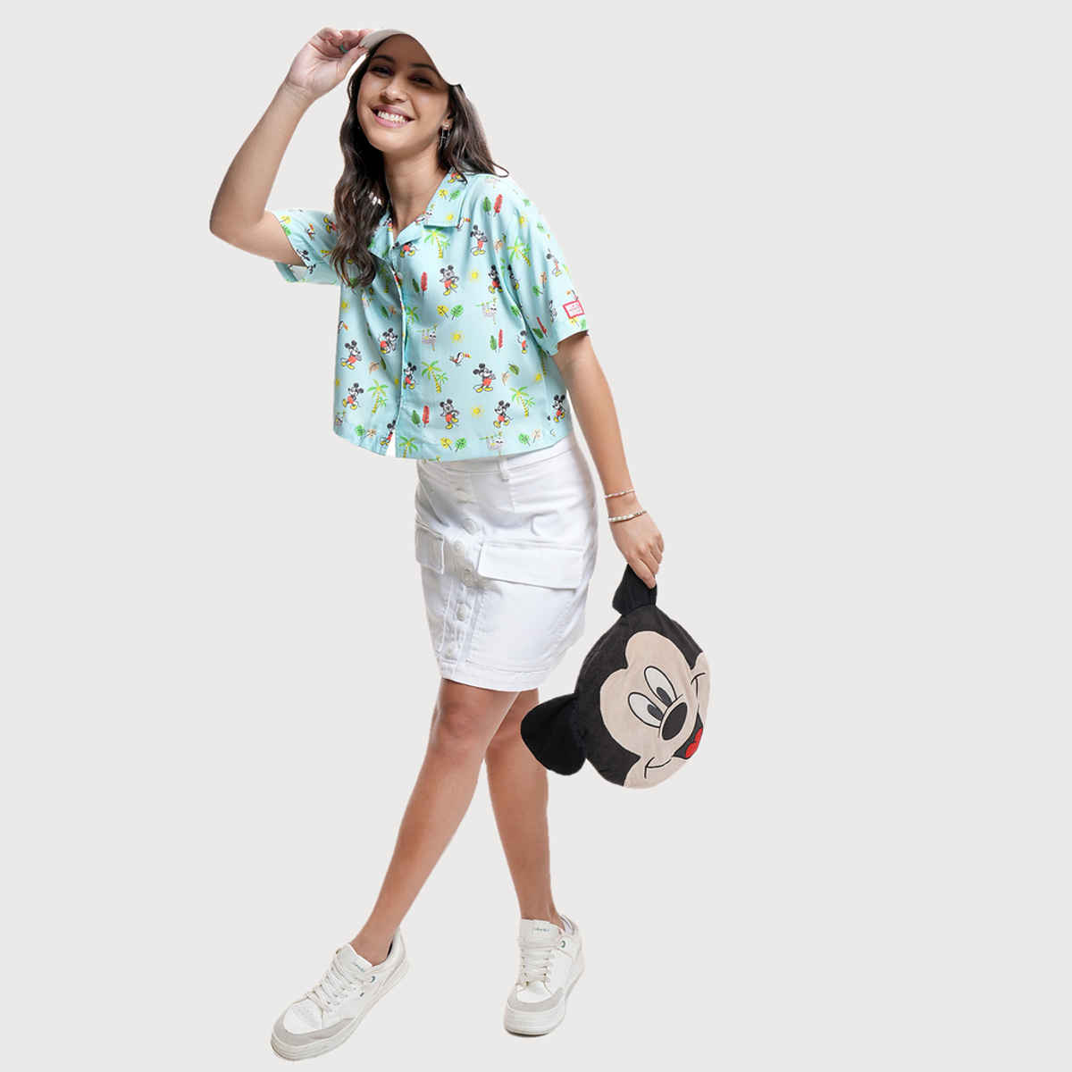 Tokyo Talkies Women's Mickey Print Cuban Collar Boxy Fit Crop Shirt | Blue Multi - XL