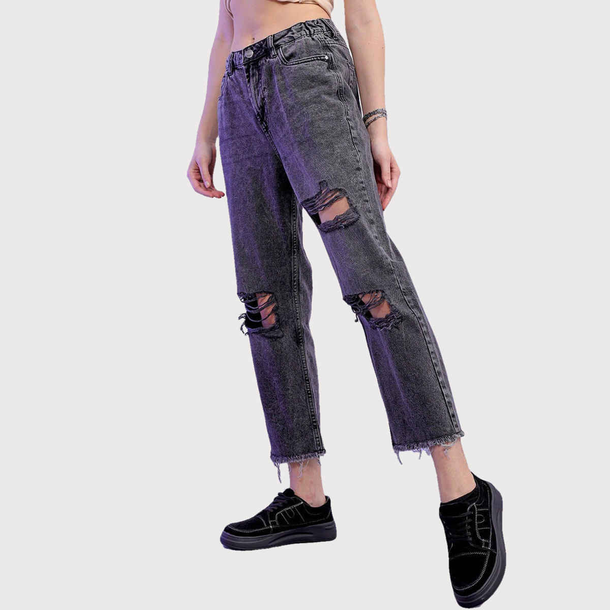 Freehand Women's High Waist Distressed Straight Fit Torn Denim Jeans | Grey - 34