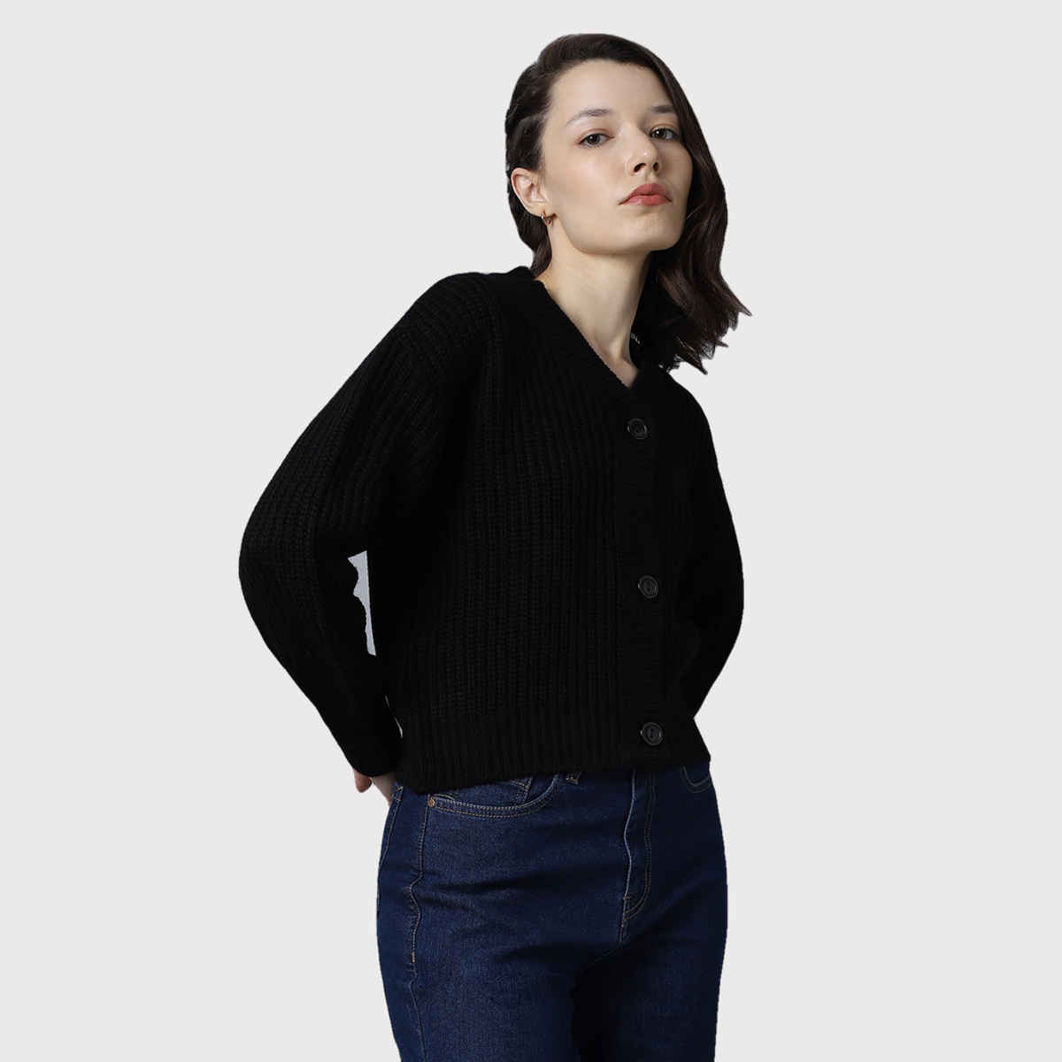 High Star Women's Ribbed Acrylic Cardigan | Black - S
