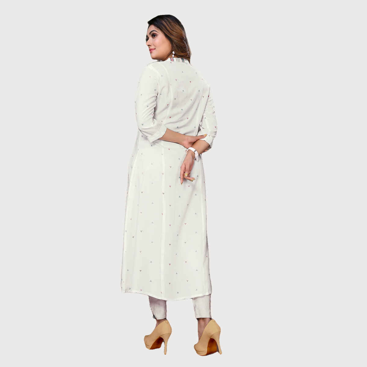 Rangita Women's Off White Rayon Printed Calf Length A-Line Kurta | L