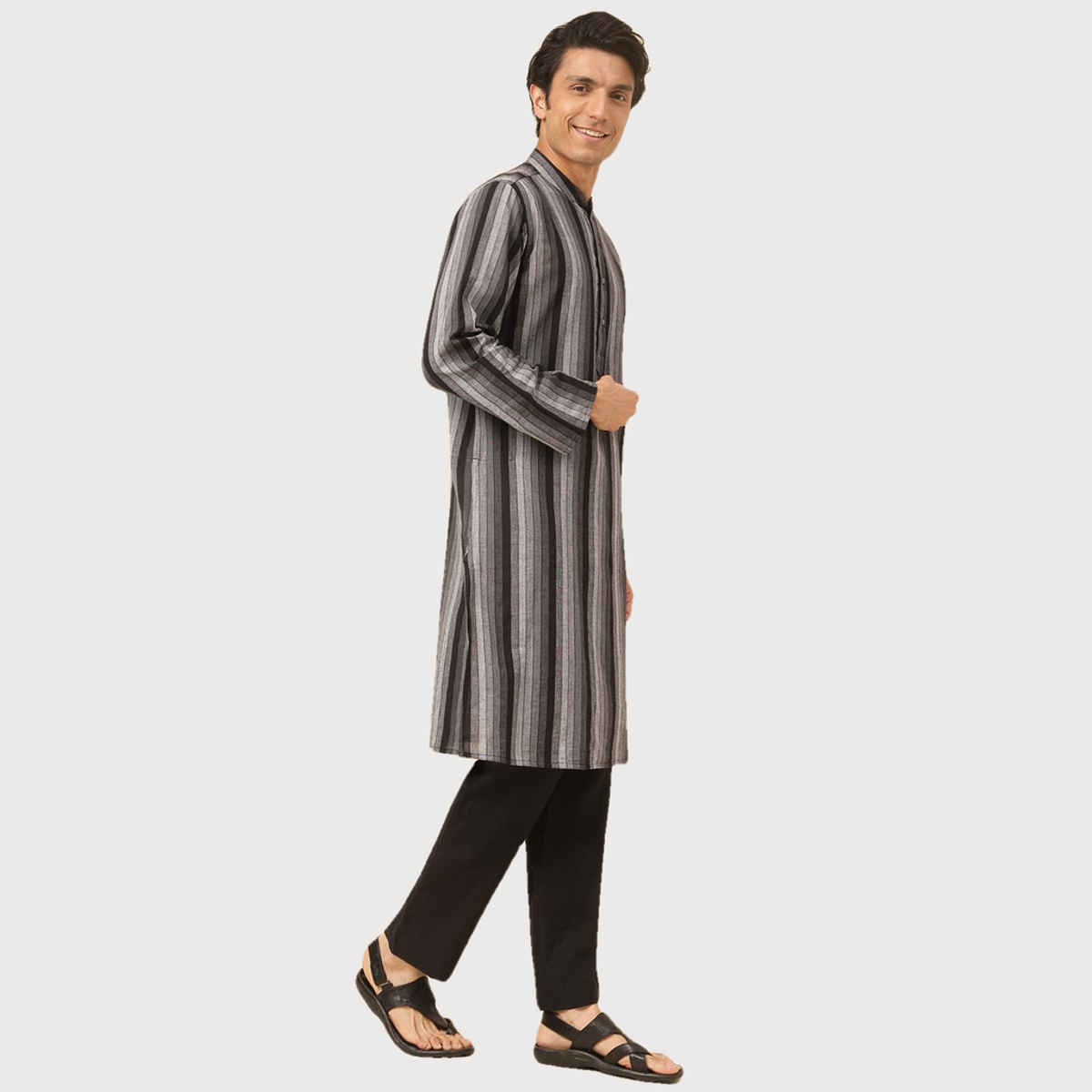 Fabindia Men's Long Kurta Woven | Black - S