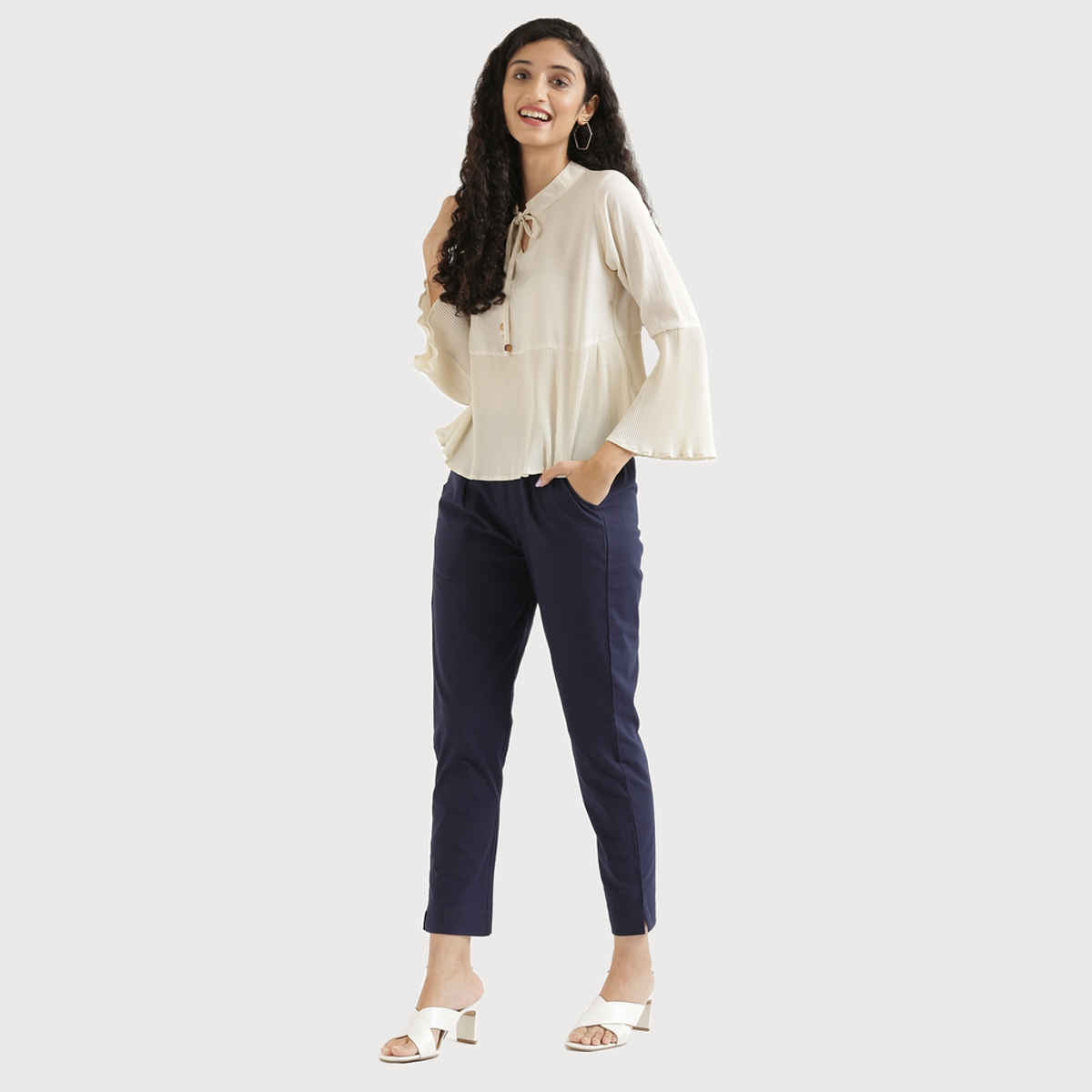 Saadaa Women Cotton Pant Regular Slim Fit Trouser | Navy Blue | L
