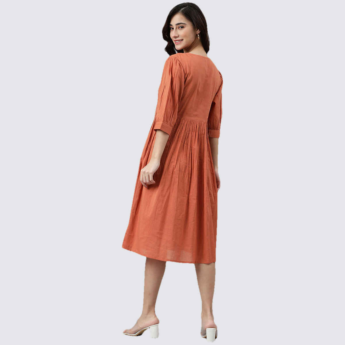 Janasya Women's Coral Orange Pure Cotton Solid Flared Dress - M