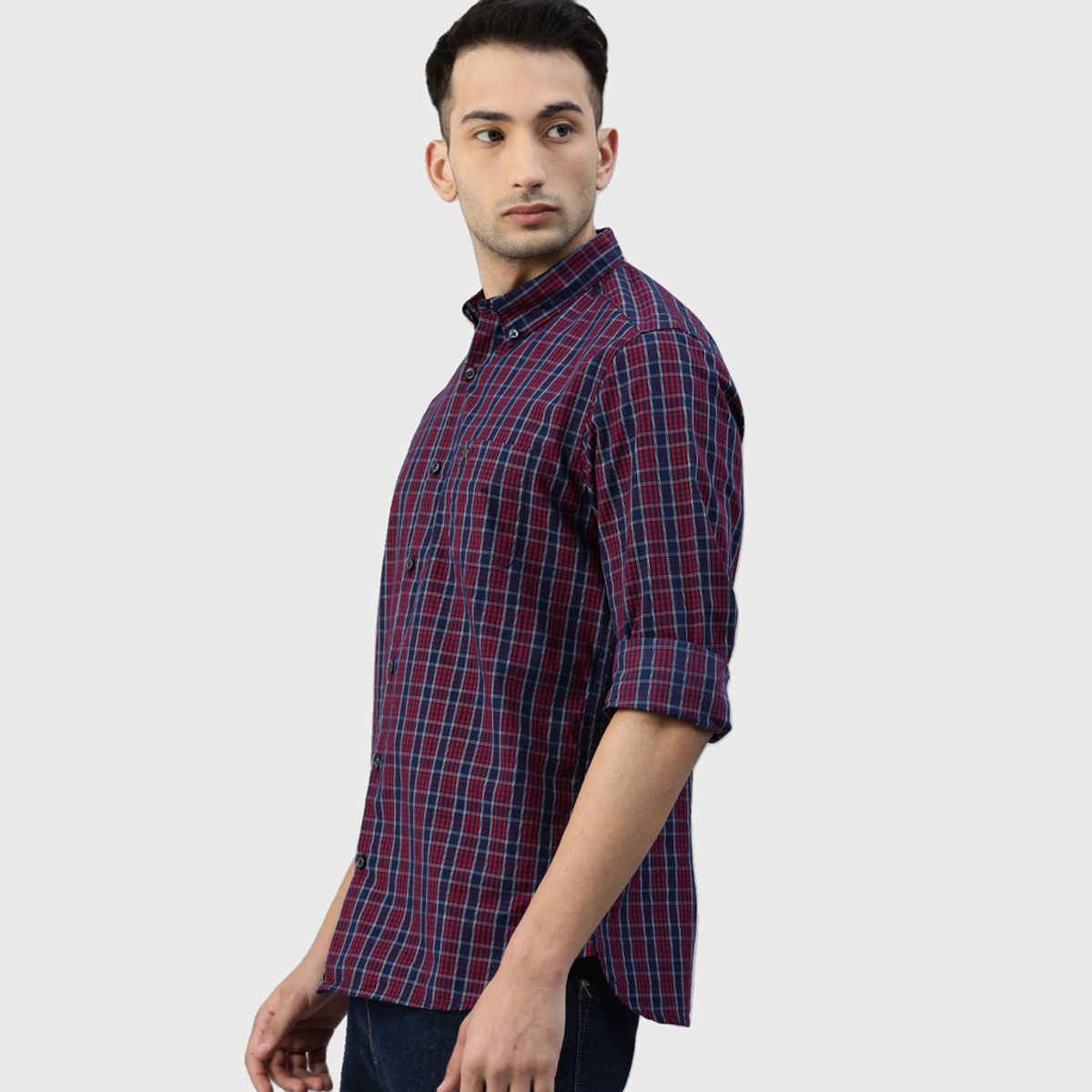 The Bear House Men Slim Fit Checked Button-Down Casual Shirt - Aliston | Red | S