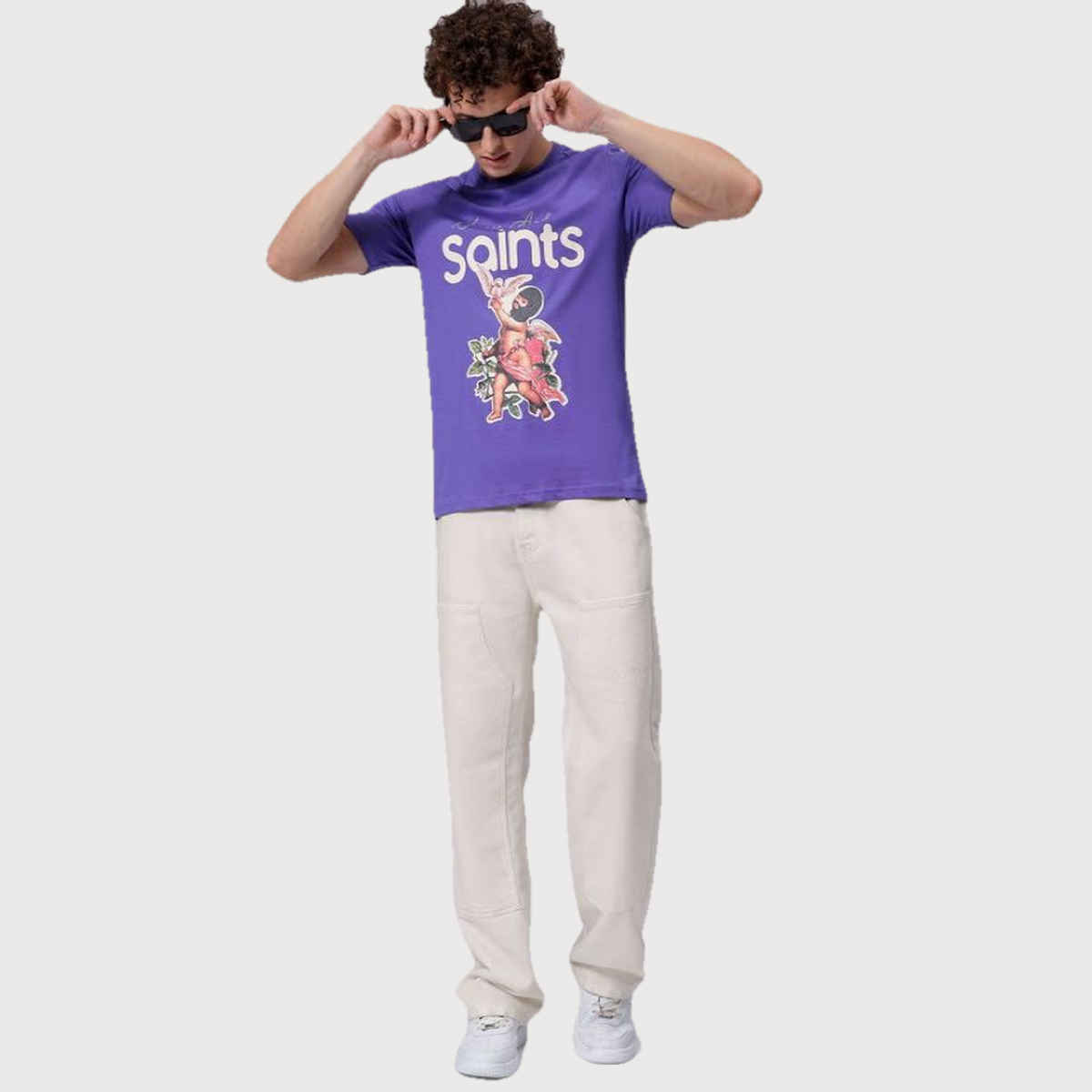 The Indian Garage Co Men's Slim Fit Placement Print Casual T-shirt | Purple Swirl - M