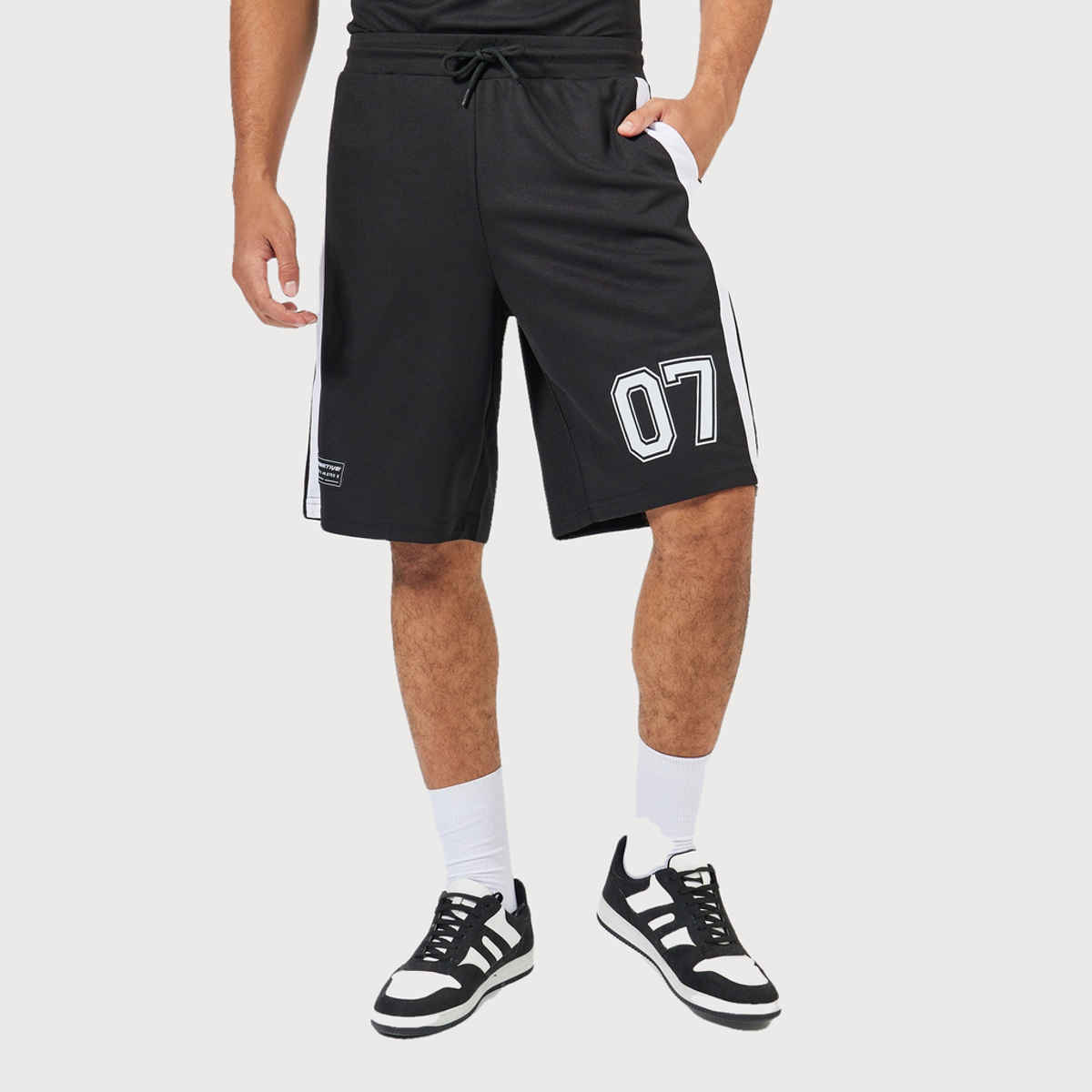 Styli Men's Varsity V Neck T-shirt and Oversized Shorts Co-ord Set with Print | Black - M