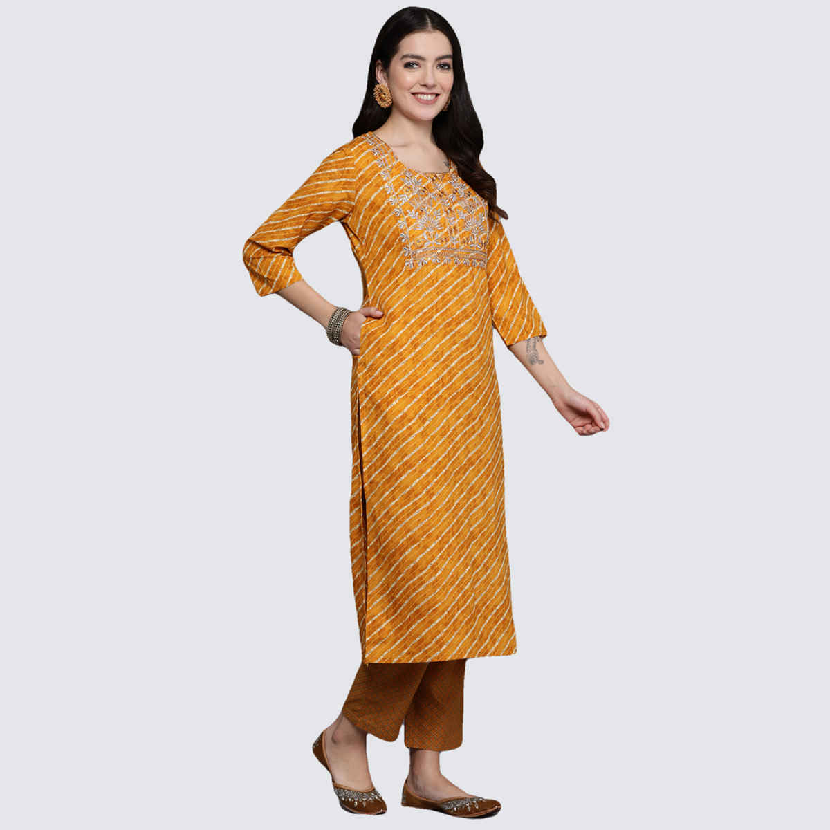 INDO ERA Women's Printed Straight Kurta Trousers with Dupatta Set | Mustard - XL