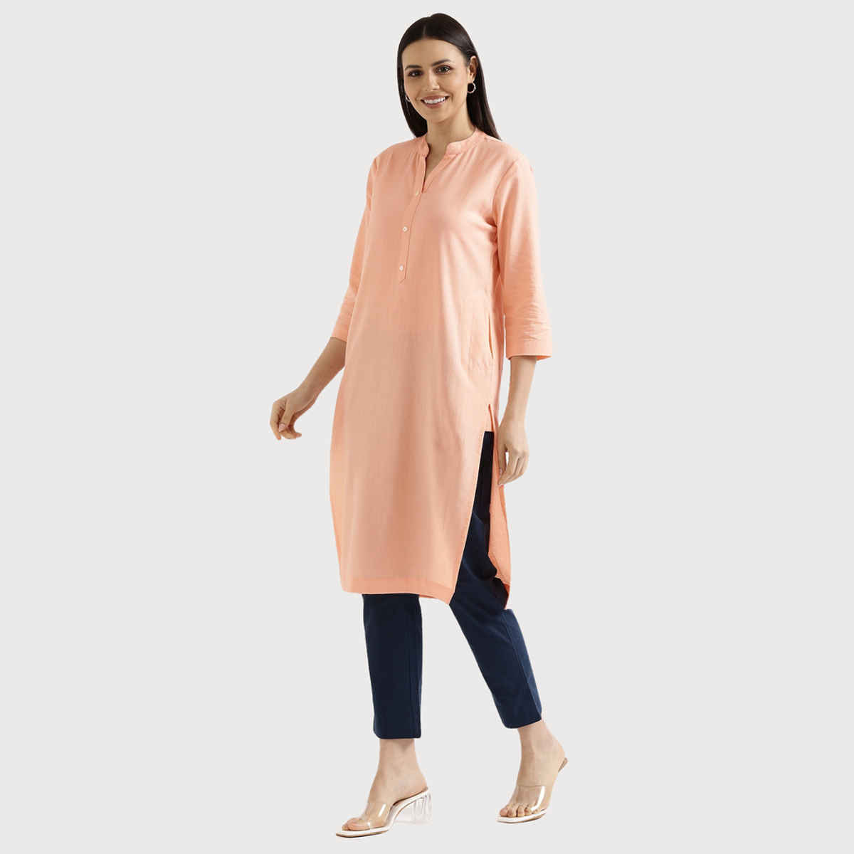 Saadaa Women's Long Airy Linen Kurta | Peach - L