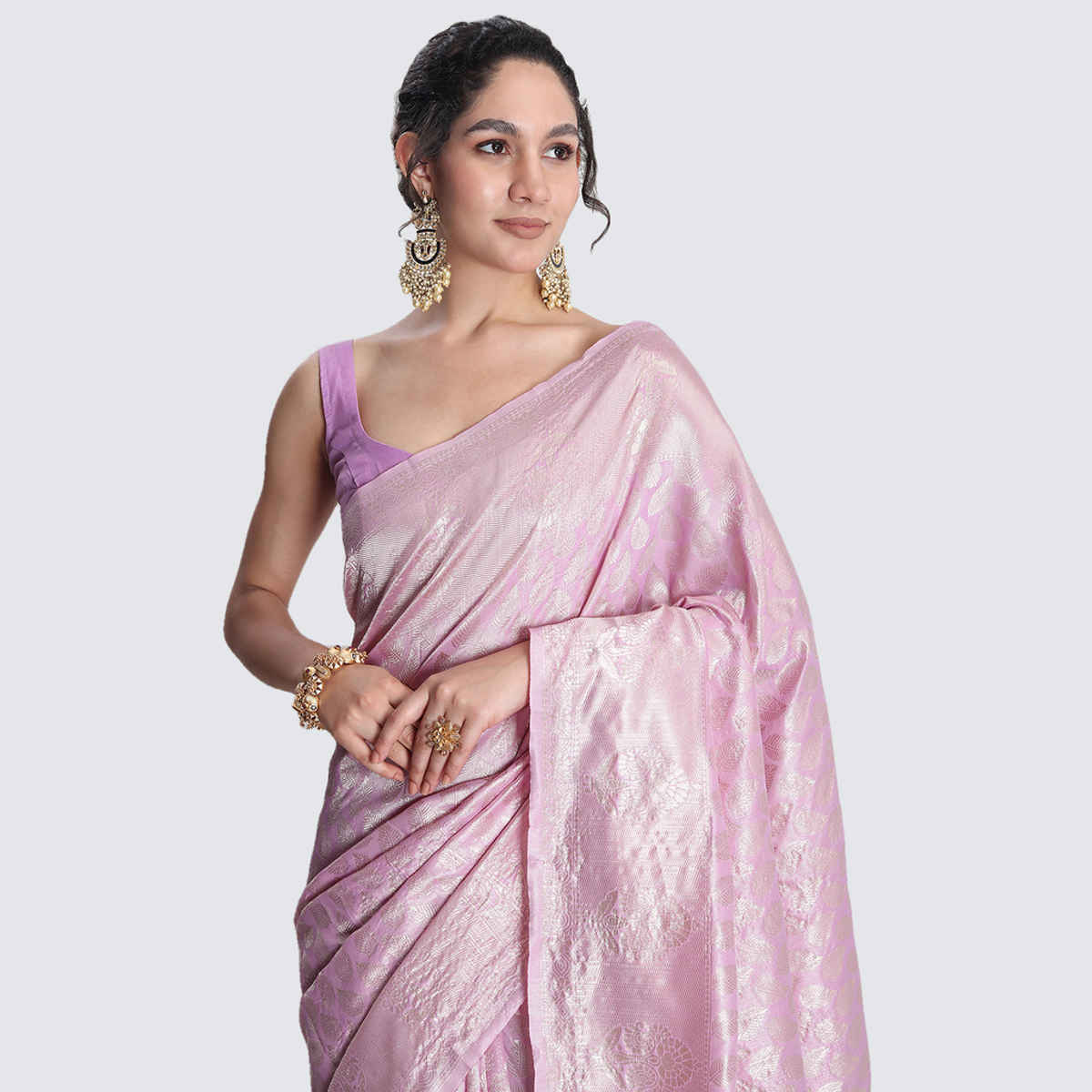 Janasya Women's Silk Blend Leaf Motifs Saree with Blouse Piece | SAR646 | Lavender
