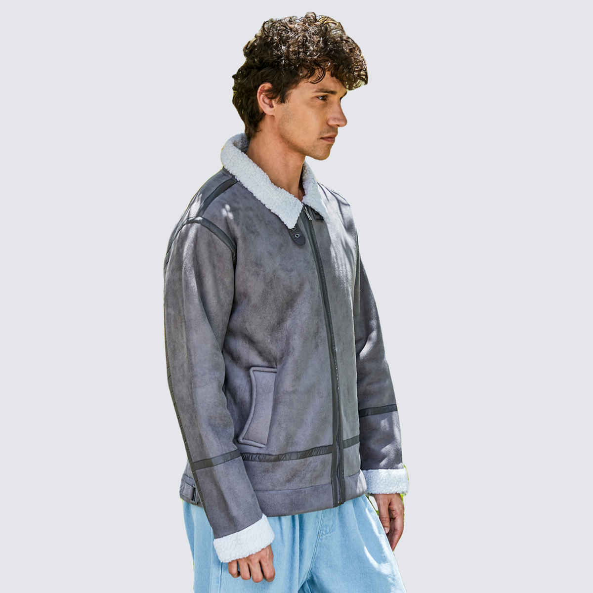 Campus Sutra Men's Fleece Lined Biker Jacket | Moon Grey & Chalk White - M