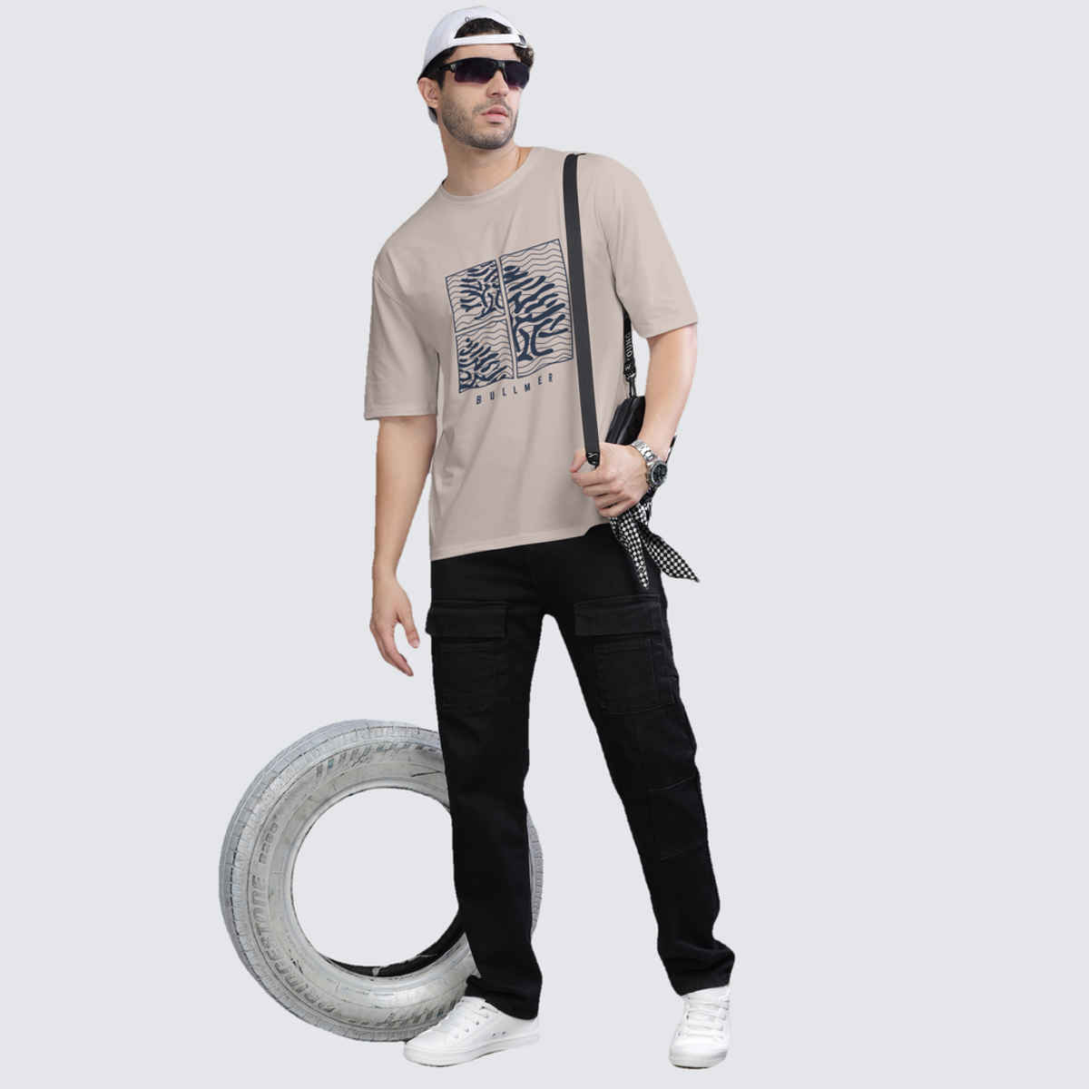Bullmer Men's Oversized T-shirt Front Printed | Beige |L
