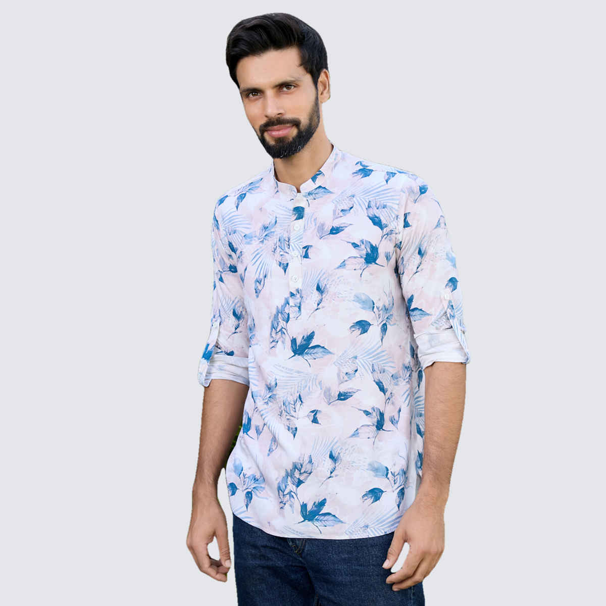 See Designs Men's Tropical Printed Rayon Short Kurta | Blue-White - S