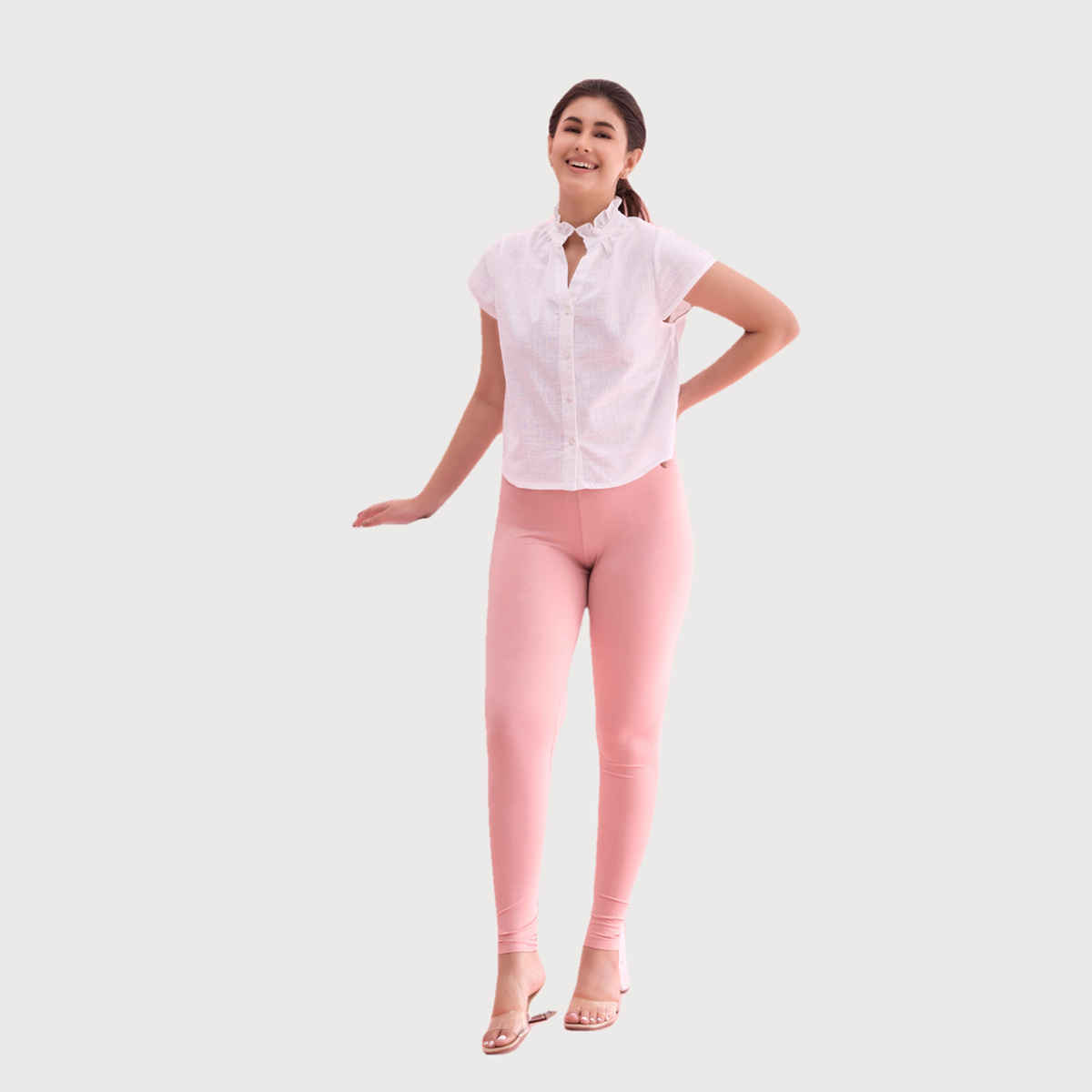 Go Colors Women's Solid Mid Rise Ankle Length Leggings | Baby Pink - S