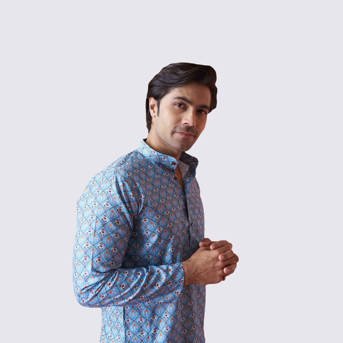House Of Festivals Men's Printed Cotton Blend Long Kurta | Blue -S