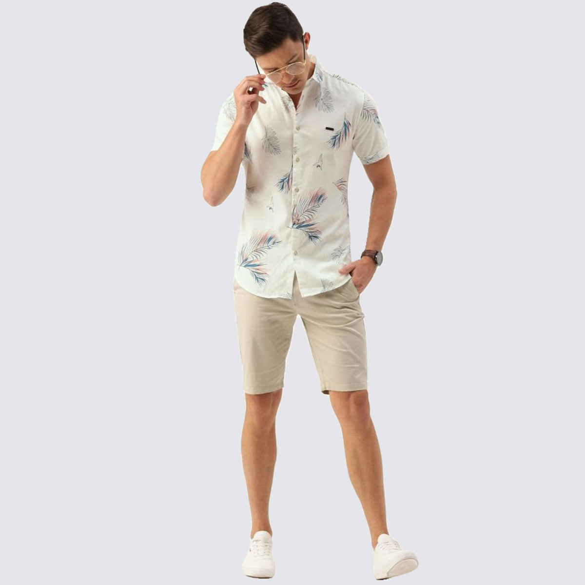 The Indian Garage Co Men's Slim Fit Tropical Printed Casual | White | M