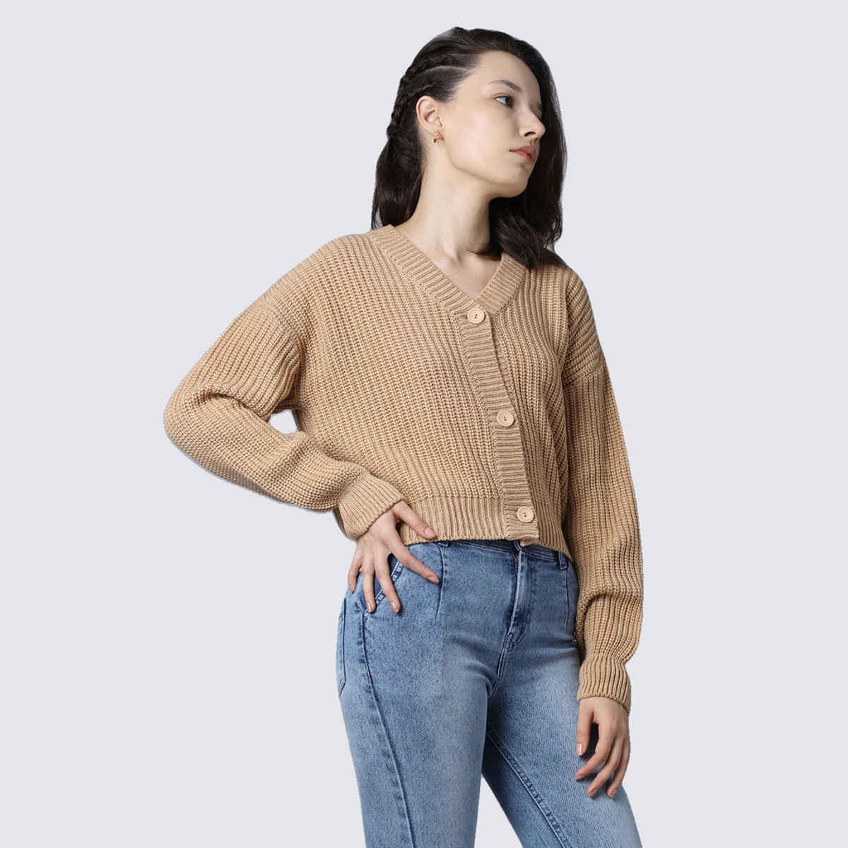 High Star Women's Ribbed V-Neck Long Sleeves Acrylic Cardigan Sweater | Sand - L