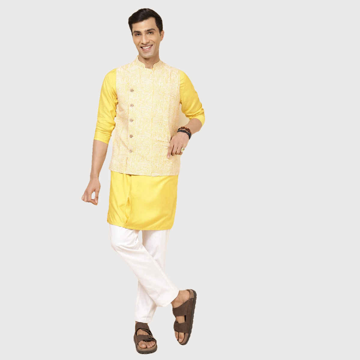 Fabindia Men's Nehru Jacket Printed Slim Fit | Yellow - L