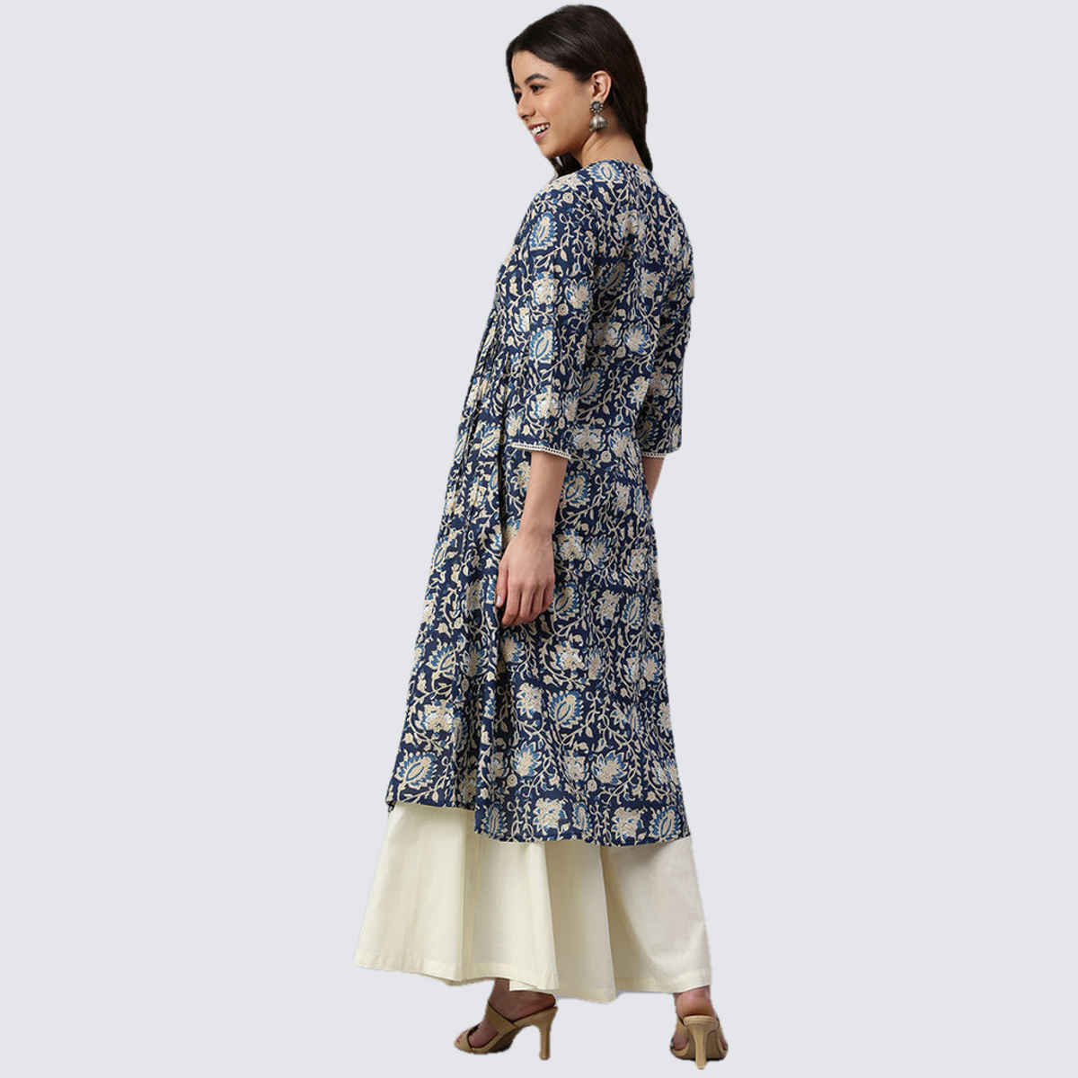 Janasya Women's Navy Blue Pure Cotton Floral Printed Flared Kurta | 2XL