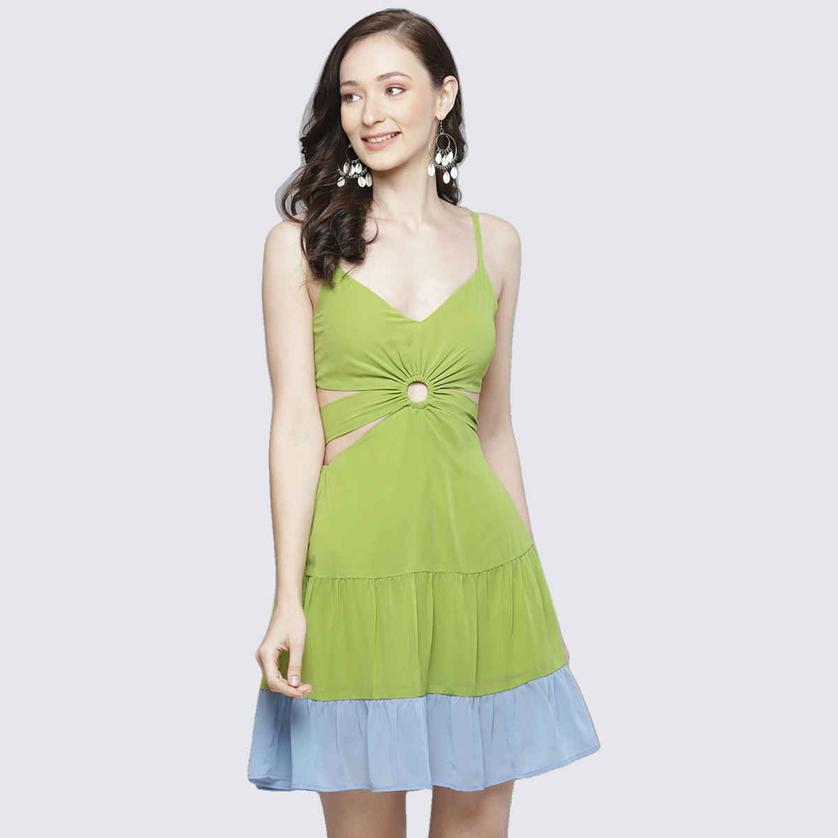 SASSAFRAS Women's Side Cut-Out Short Dress | Blue & Lime Green - S