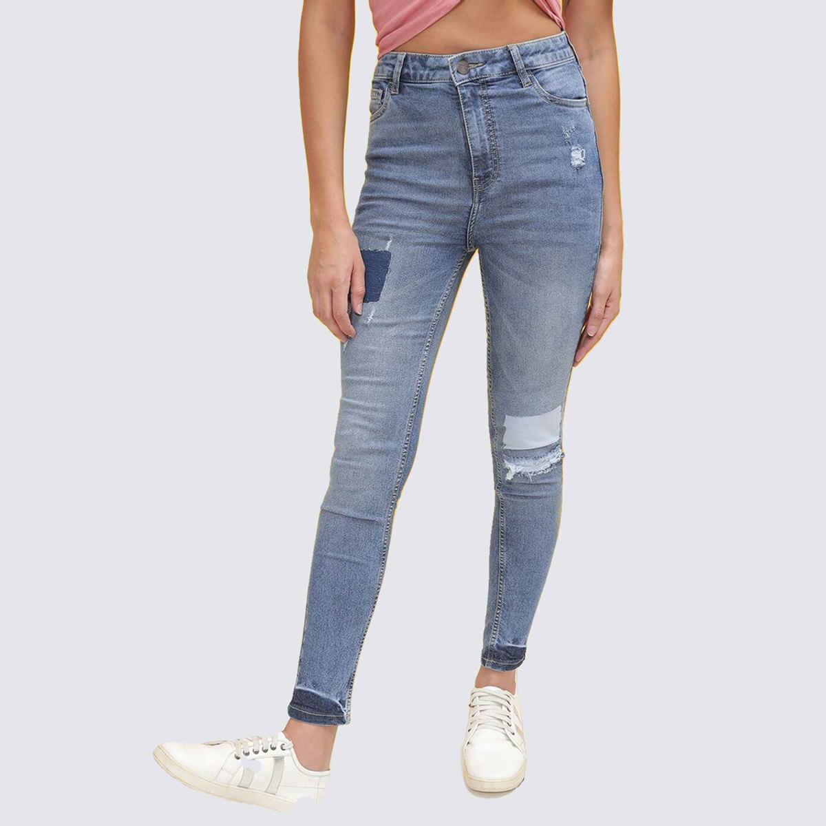 Freehand Women's Slim Fit Jeans With Colour Block Patch | Blue - 28