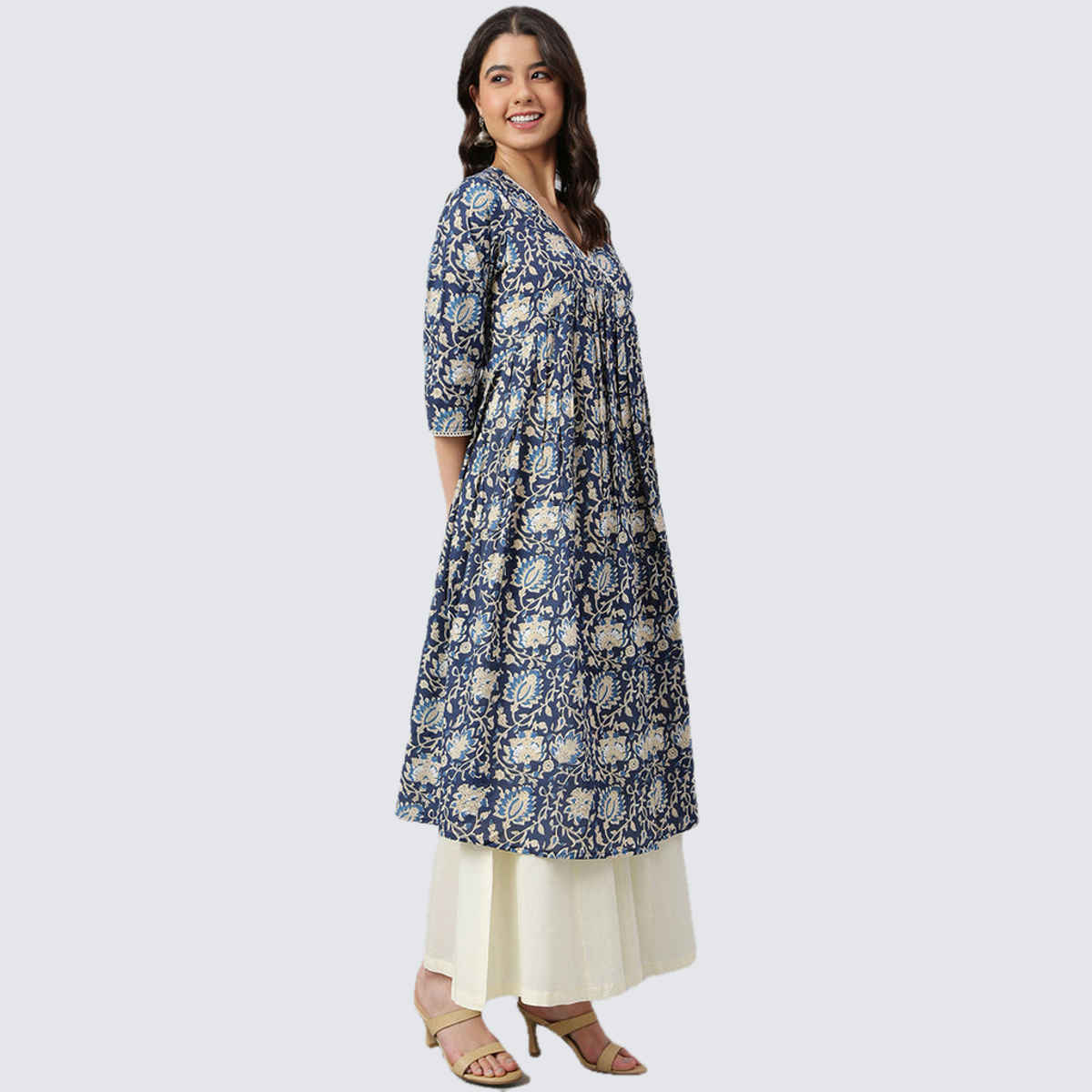 Janasya Women's Navy Blue Pure Cotton Floral Printed Flared Kurta | 2XL