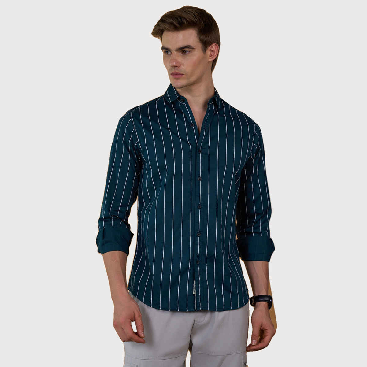 Dennis Lingo Men's Striped Slim Fit Casual Full Sleeve Shirt | Turquoise | S