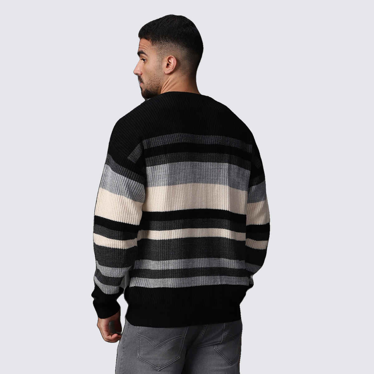 High Star Men's Striped Round Neck Pullover | Multicolour - M