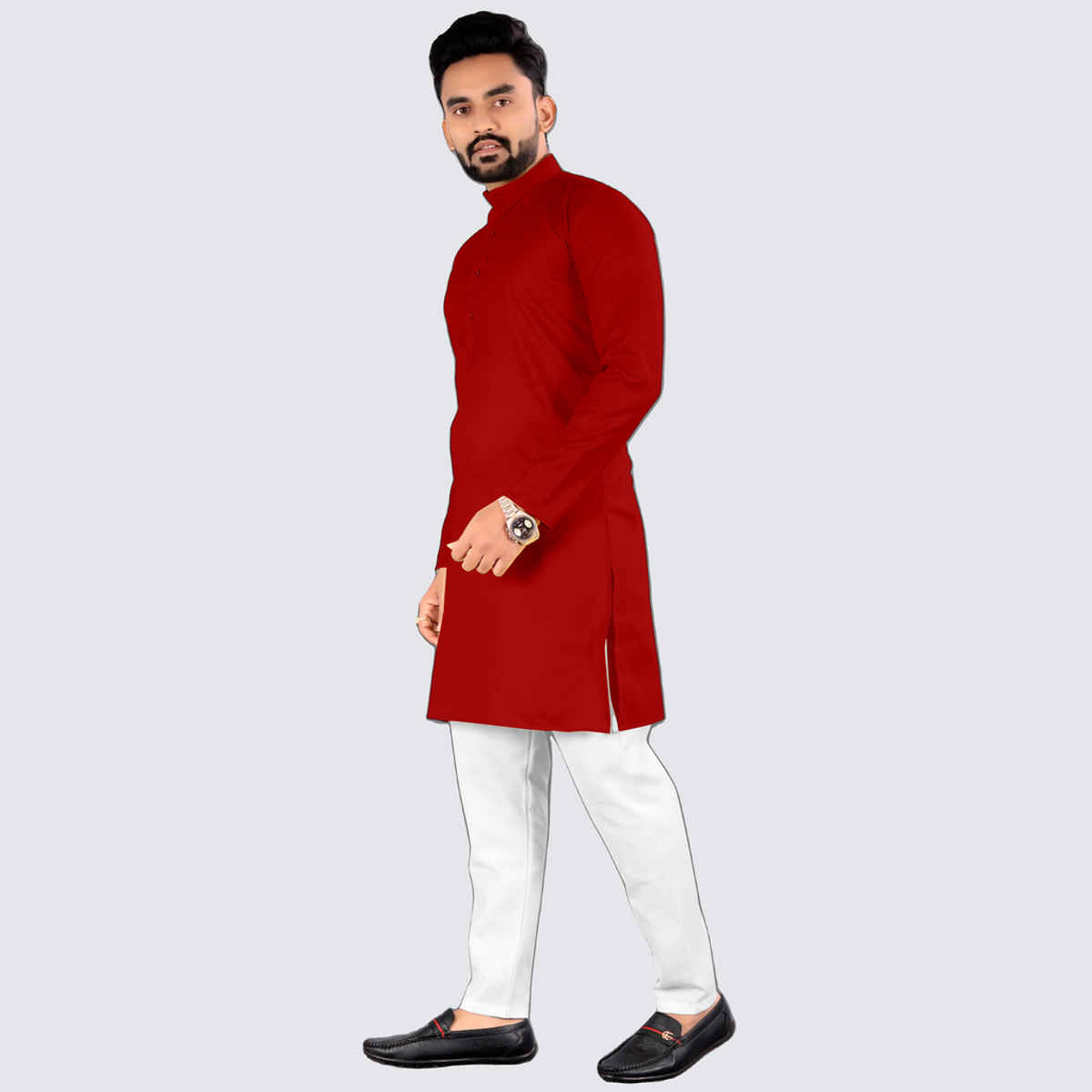 Freluro Men's Solid Cotton Blend Straight Kurta | Red - 2XL