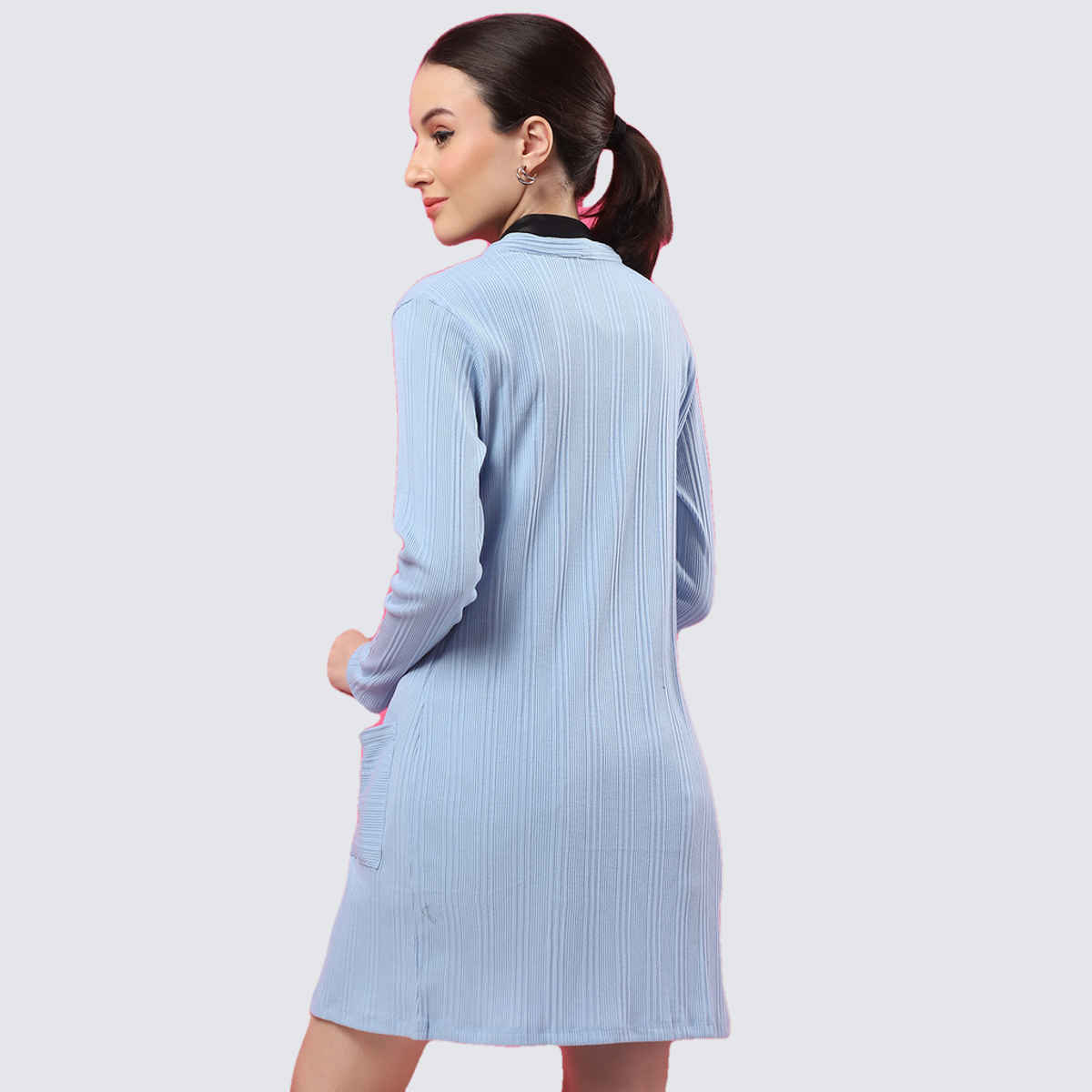 Rigo Women Front Open Long Rib Shrug | Light Blue - Free Size