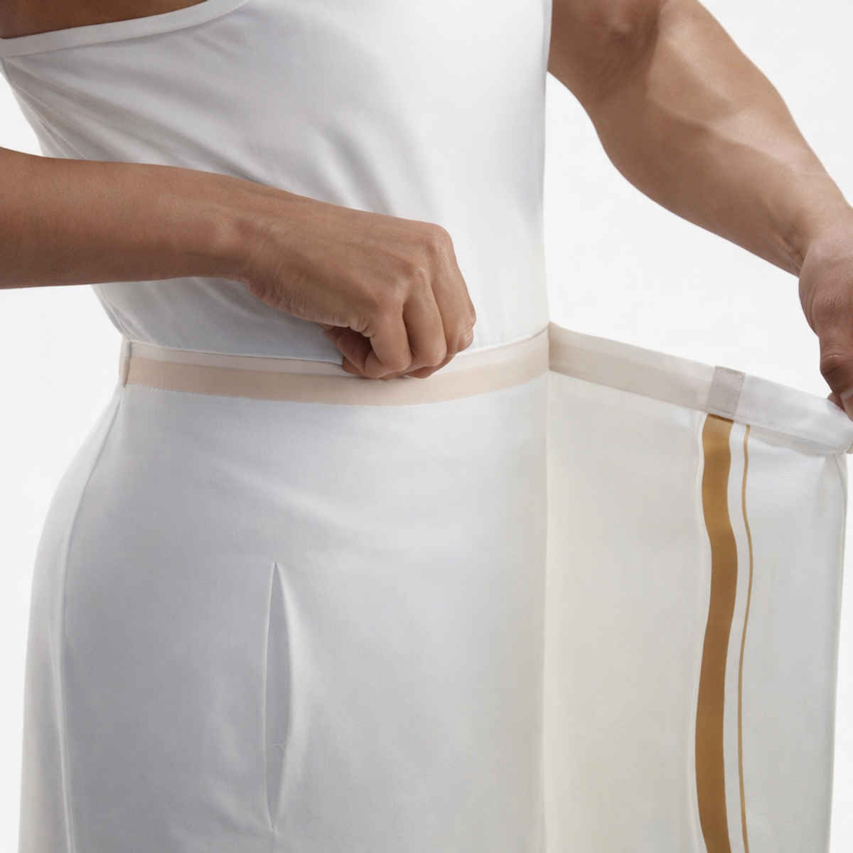 Vastramay Men's White and Gold Velcro Mundu/Veshti/Dhoti with pockets | Ready To Wear | Free Size