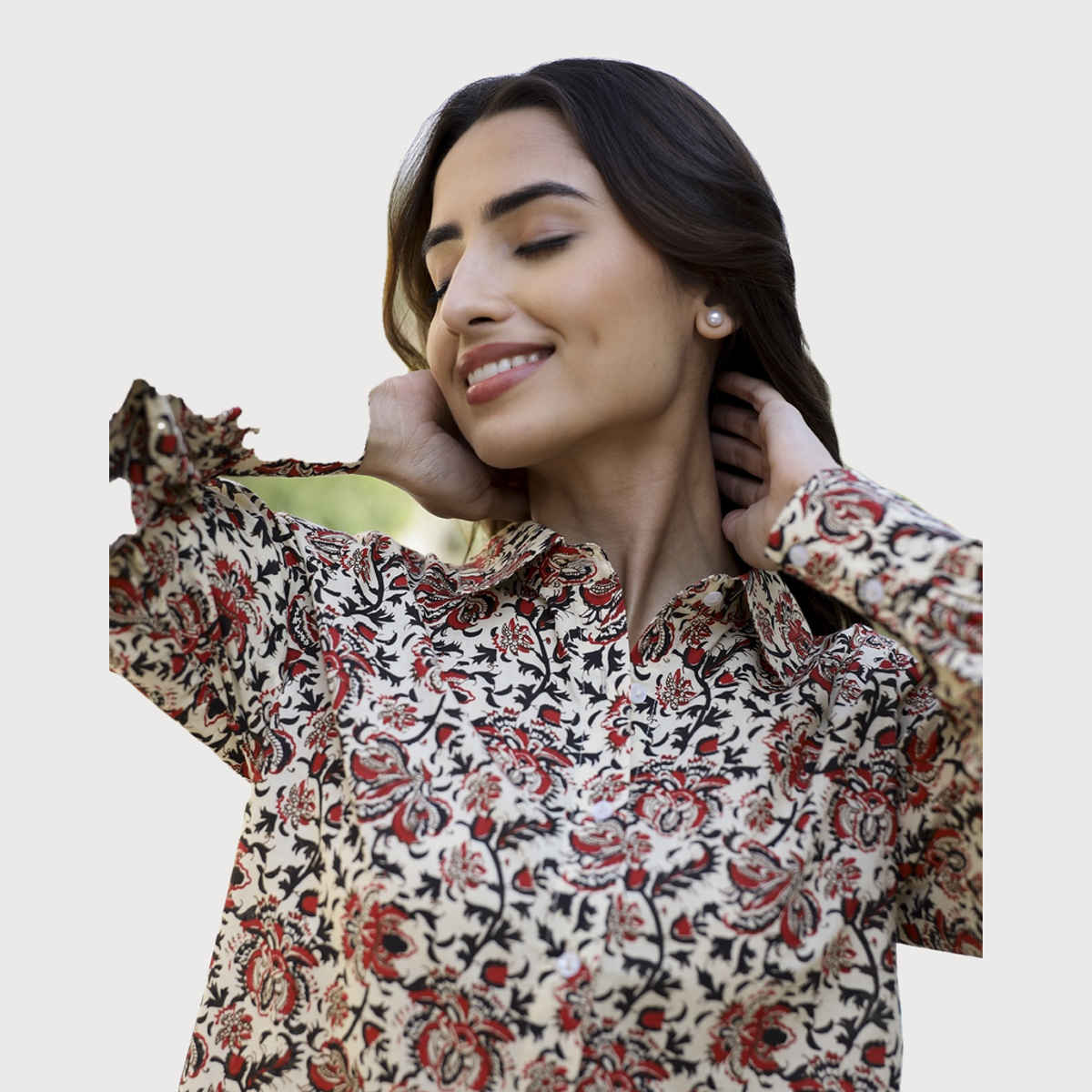 Sanskrutihomes Floral Printed Shirt Collar Pure Cotton Night Suit | Black - Red - White | S
